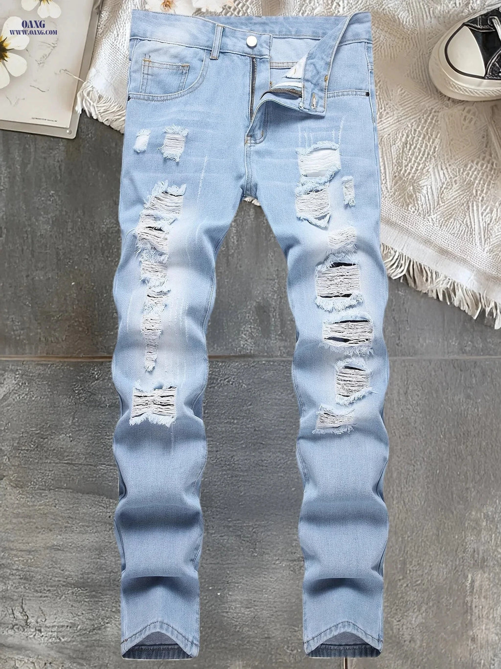 Men's Trendy Ripped Denim Jeans - Casual Street Style, Mid Waist   OAXG Light Washed Blue / FR 34-36