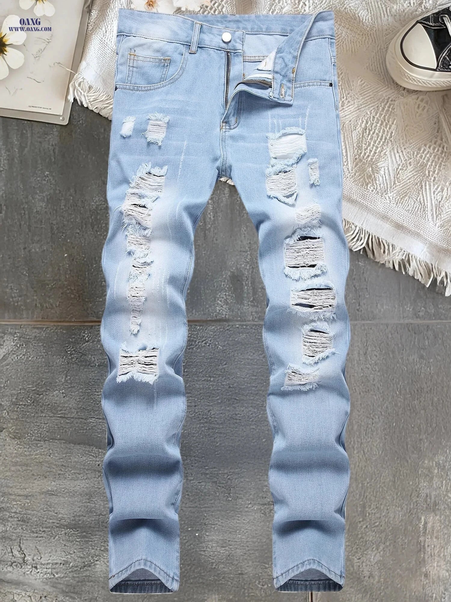 Men's Trendy Ripped Denim Jeans - Casual Street Style, Mid Waist   OAXG Light Washed Blue / FR 34-36