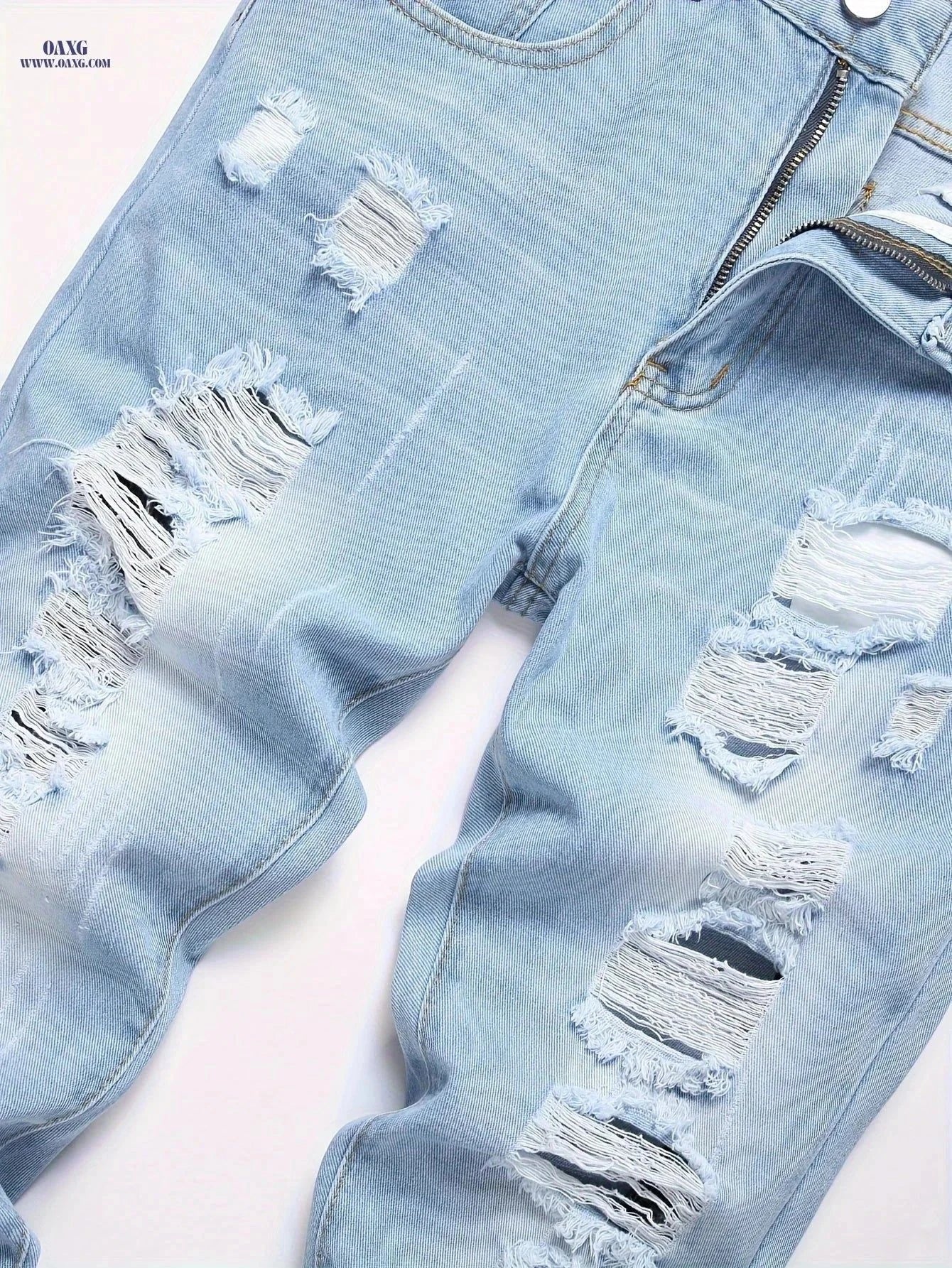 Men's Trendy Ripped Denim Jeans - Casual Street Style, Mid Waist   OAXG Light Washed Blue / FR 34-36
