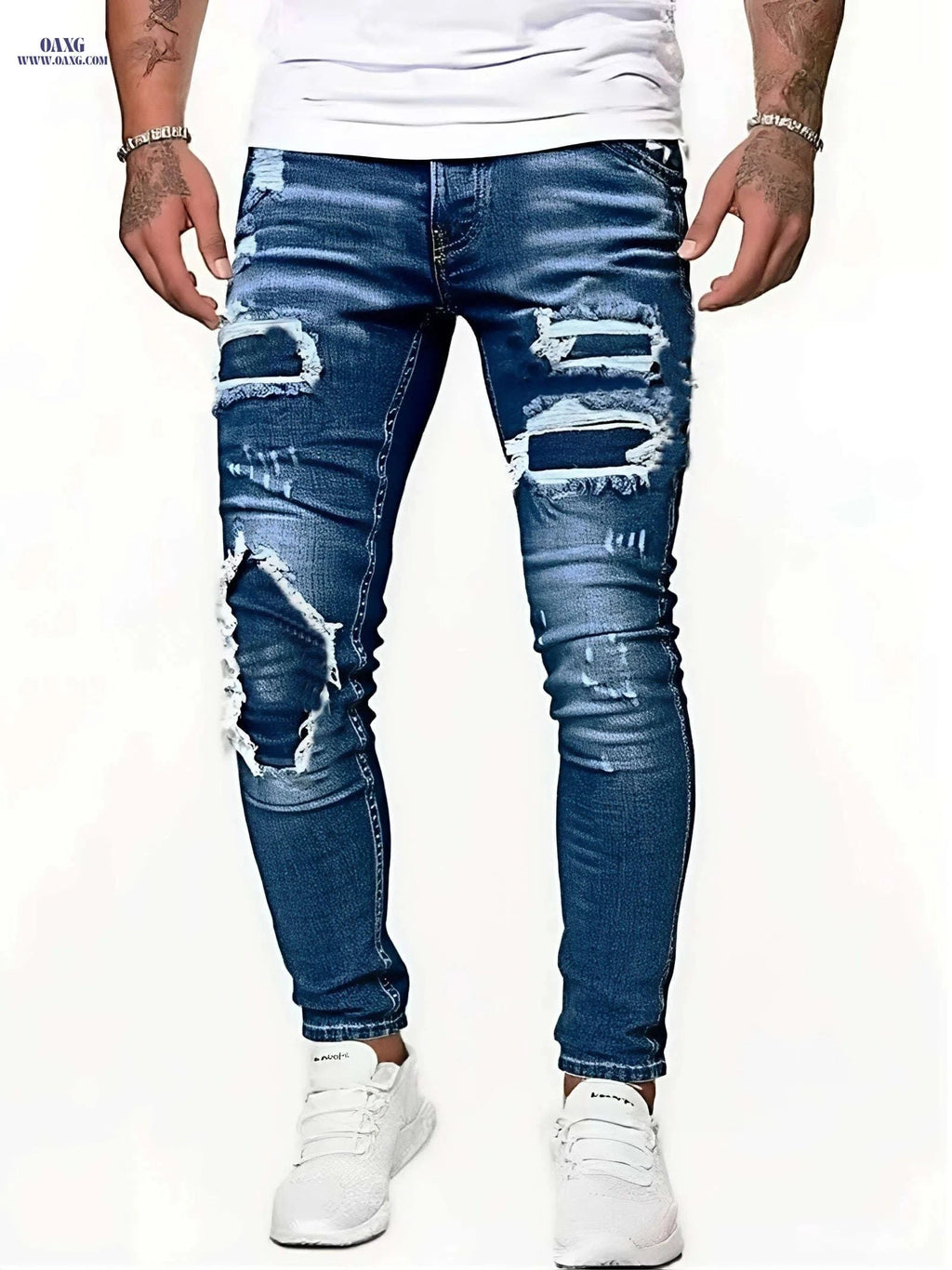 Men's Trendy Ripped Jeans - Medium Stretch, Skinny Fit for Spring/Fall   OAXG Blue / FR XS