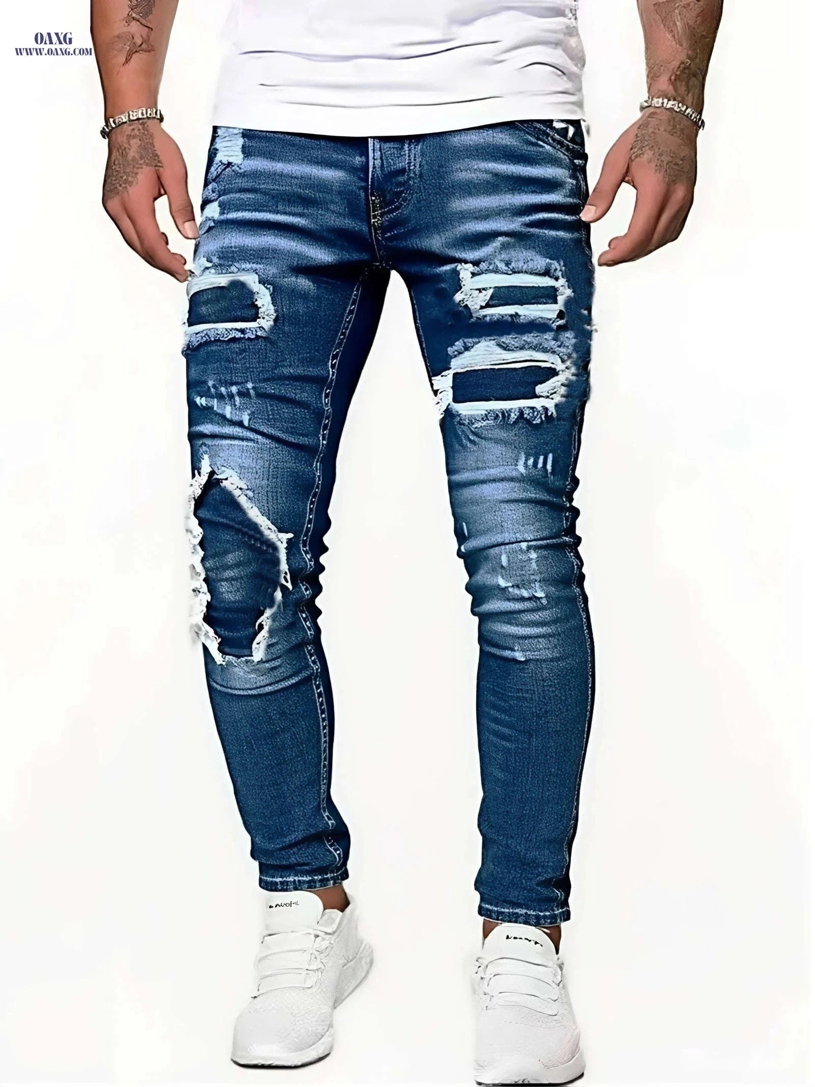 Men's Trendy Ripped Jeans - Medium Stretch, Skinny Fit for Spring/Fall   OAXG Blue / FR XS
