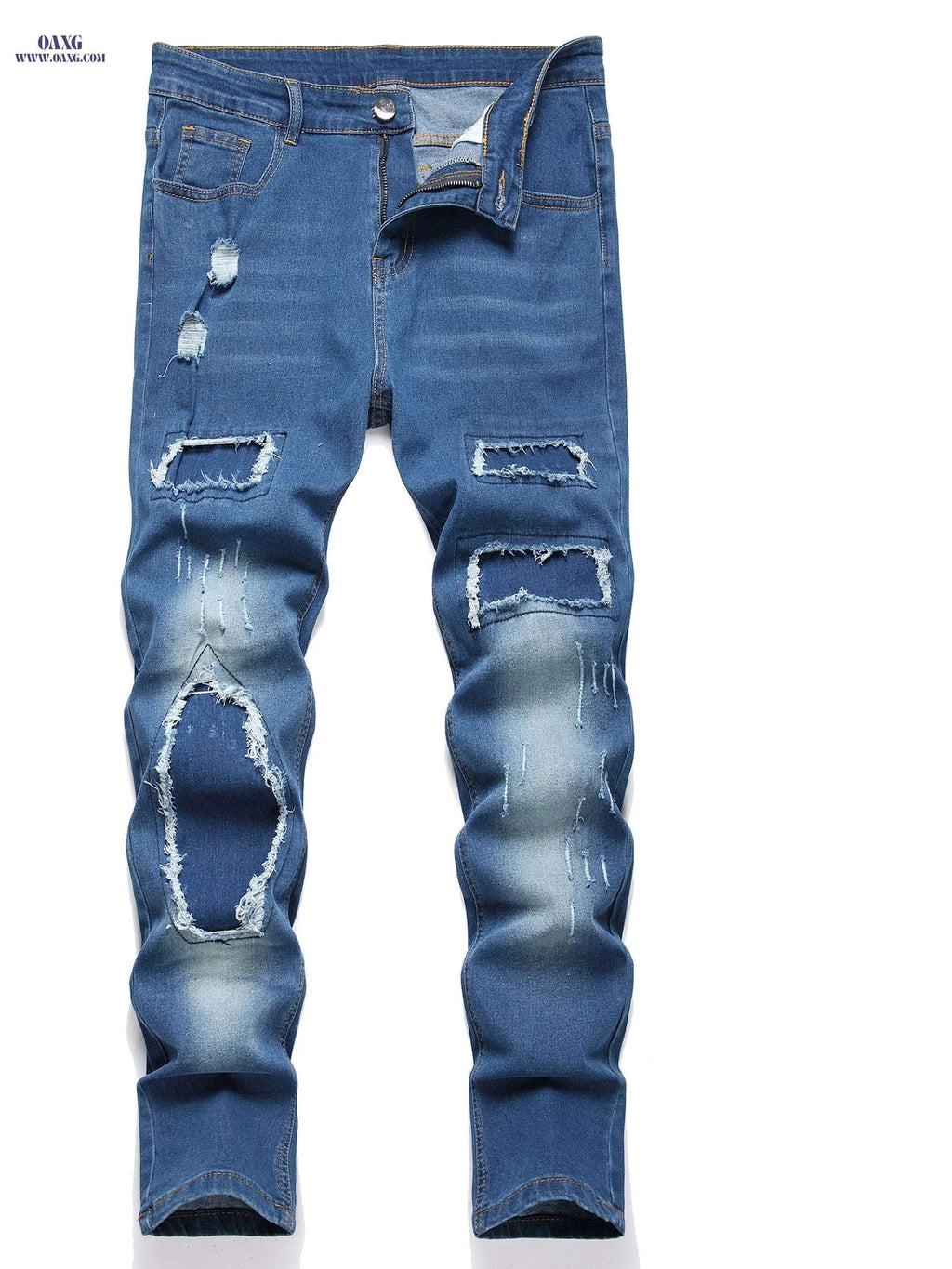 Men's Trendy Ripped Jeans - Medium Stretch, Skinny Fit for Spring/Fall   OAXG Blue / FR XS