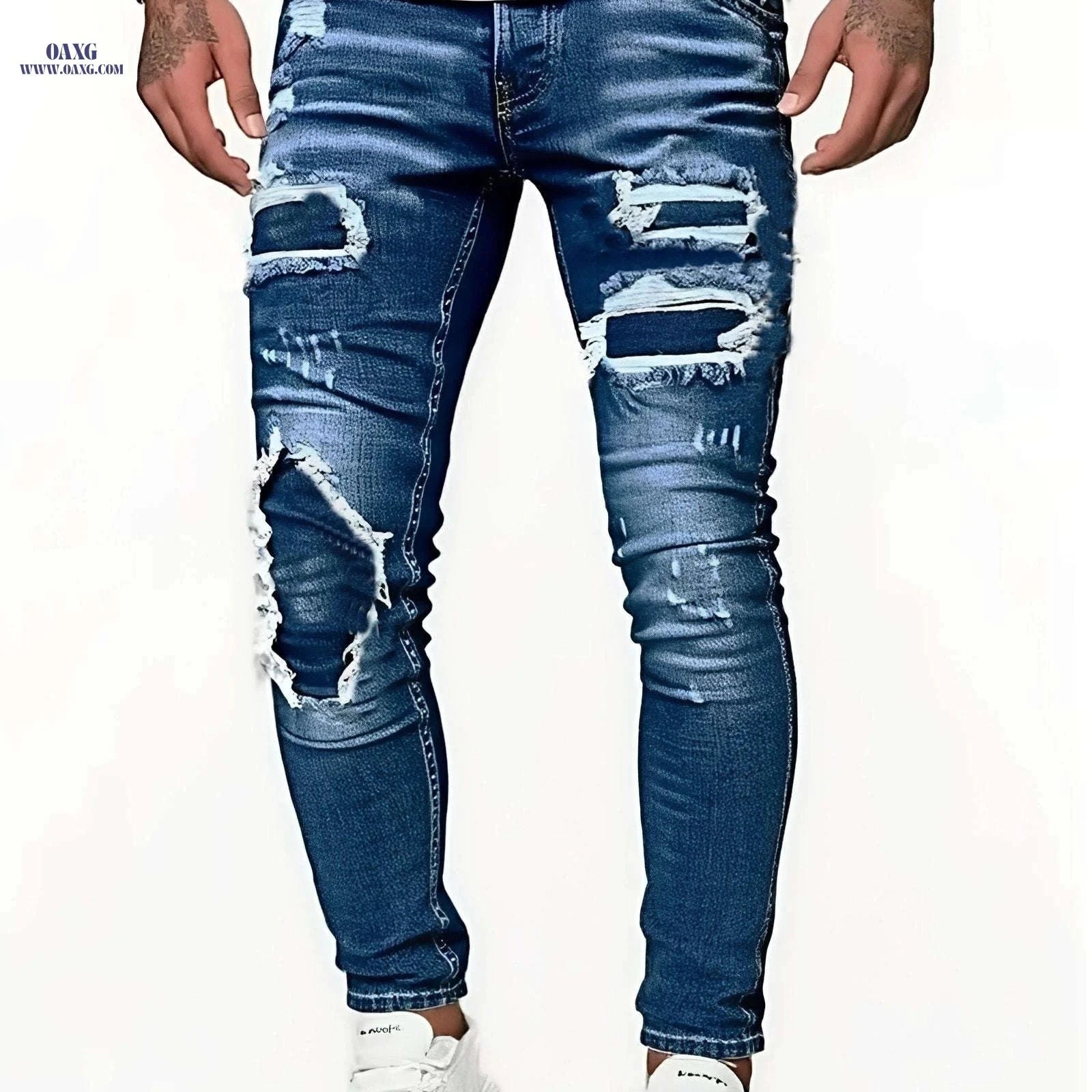 Men's Trendy Ripped Jeans - Medium Stretch, Skinny Fit for Spring/Fall   OAXG 
