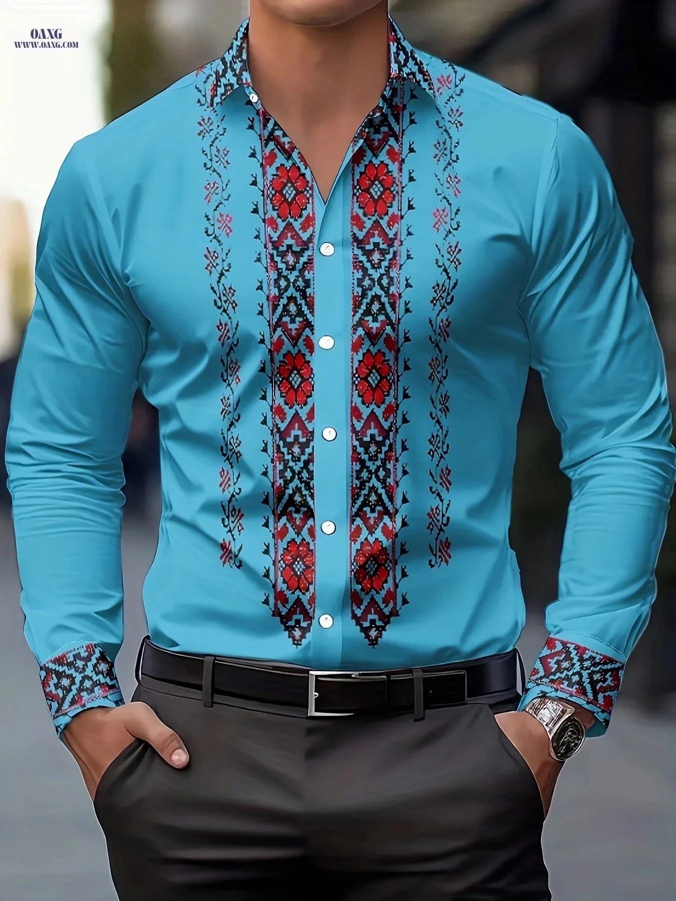 Men's Tribal Print Long Sleeve Dress Shirt - 100% Polyester & Casual Fit   OAXG 