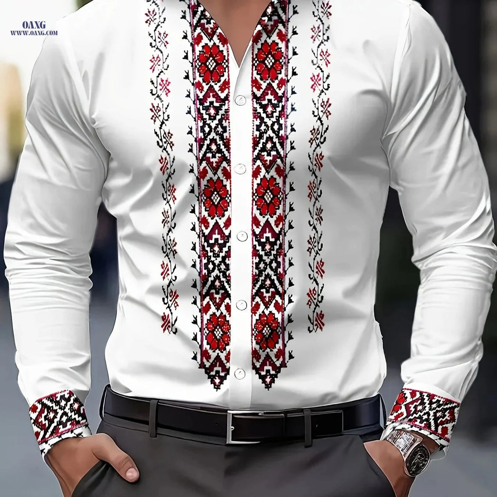 Men's Tribal Print Long Sleeve Dress Shirt - 100% Polyester & Casual Fit   OAXG 