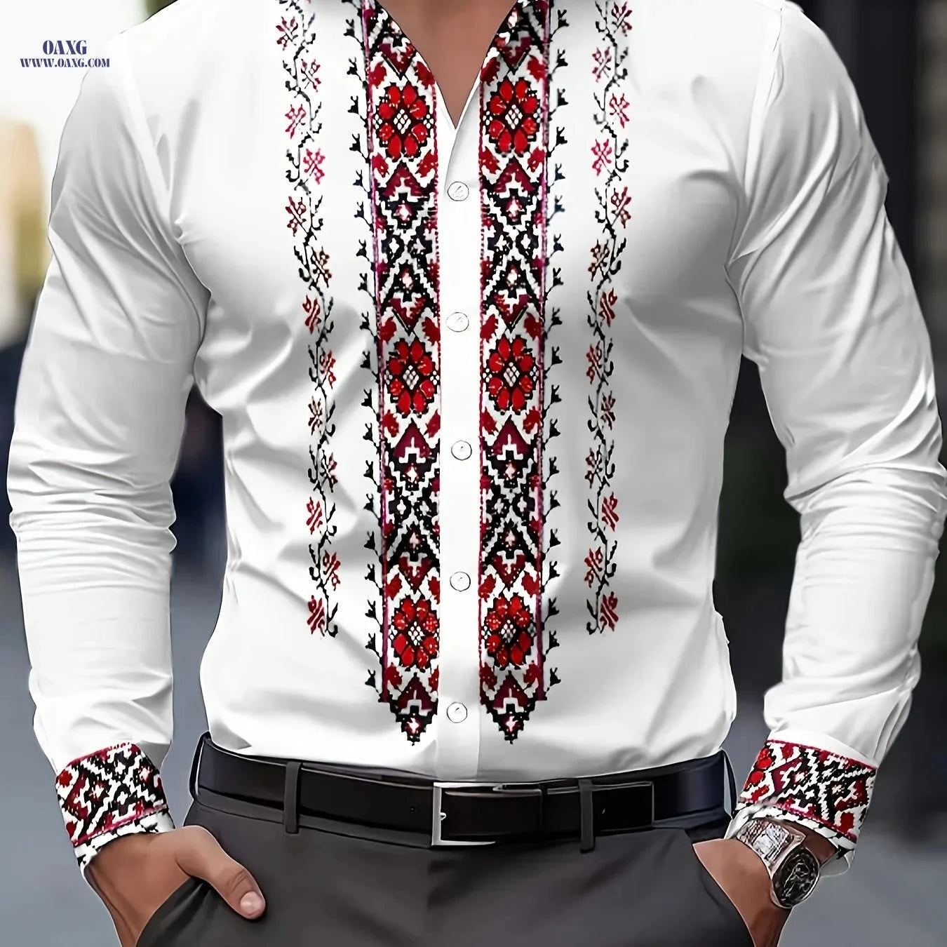 Men's Tribal Print Long Sleeve Dress Shirt - 100% Polyester & Casual Fit   OAXG 