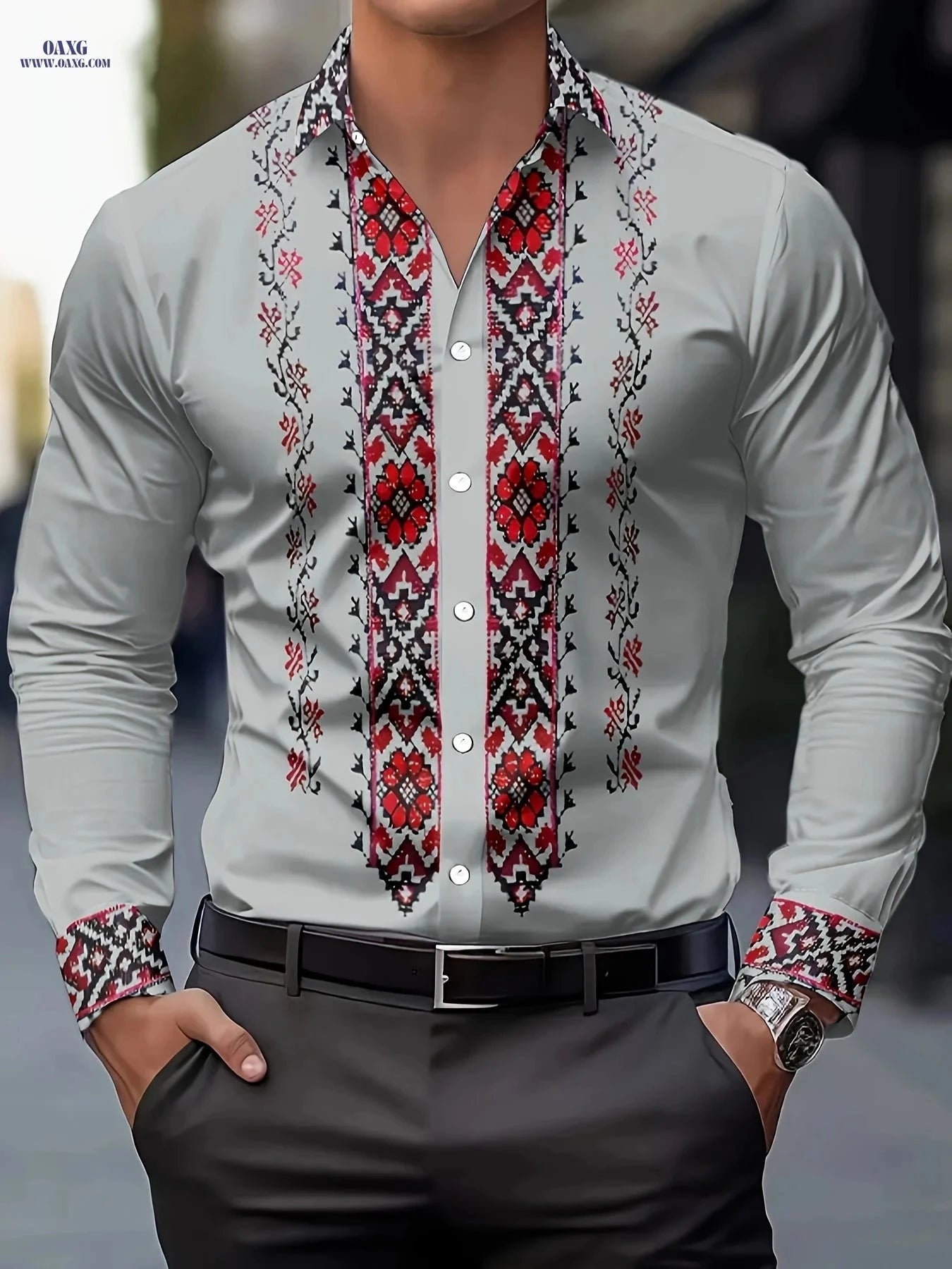 Men's Tribal Print Long Sleeve Dress Shirt - 100% Polyester & Casual Fit   OAXG 