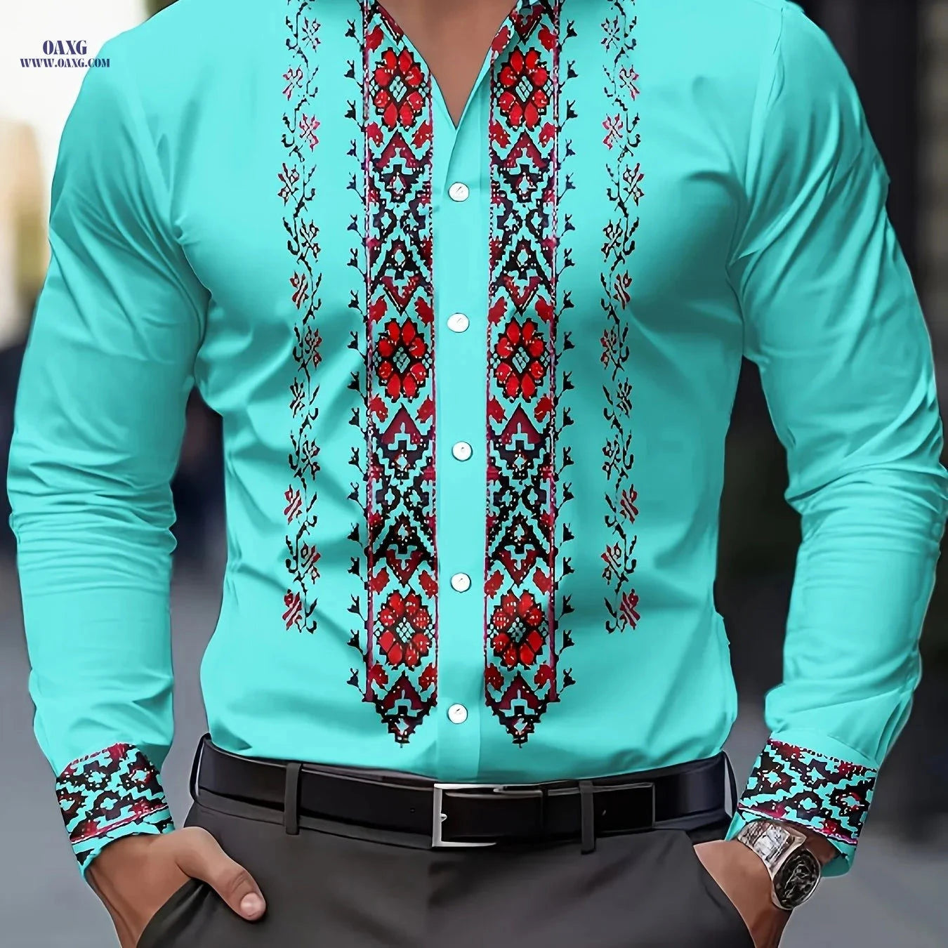 Men's Tribal Print Long Sleeve Dress Shirt - 100% Polyester & Casual Fit   OAXG 