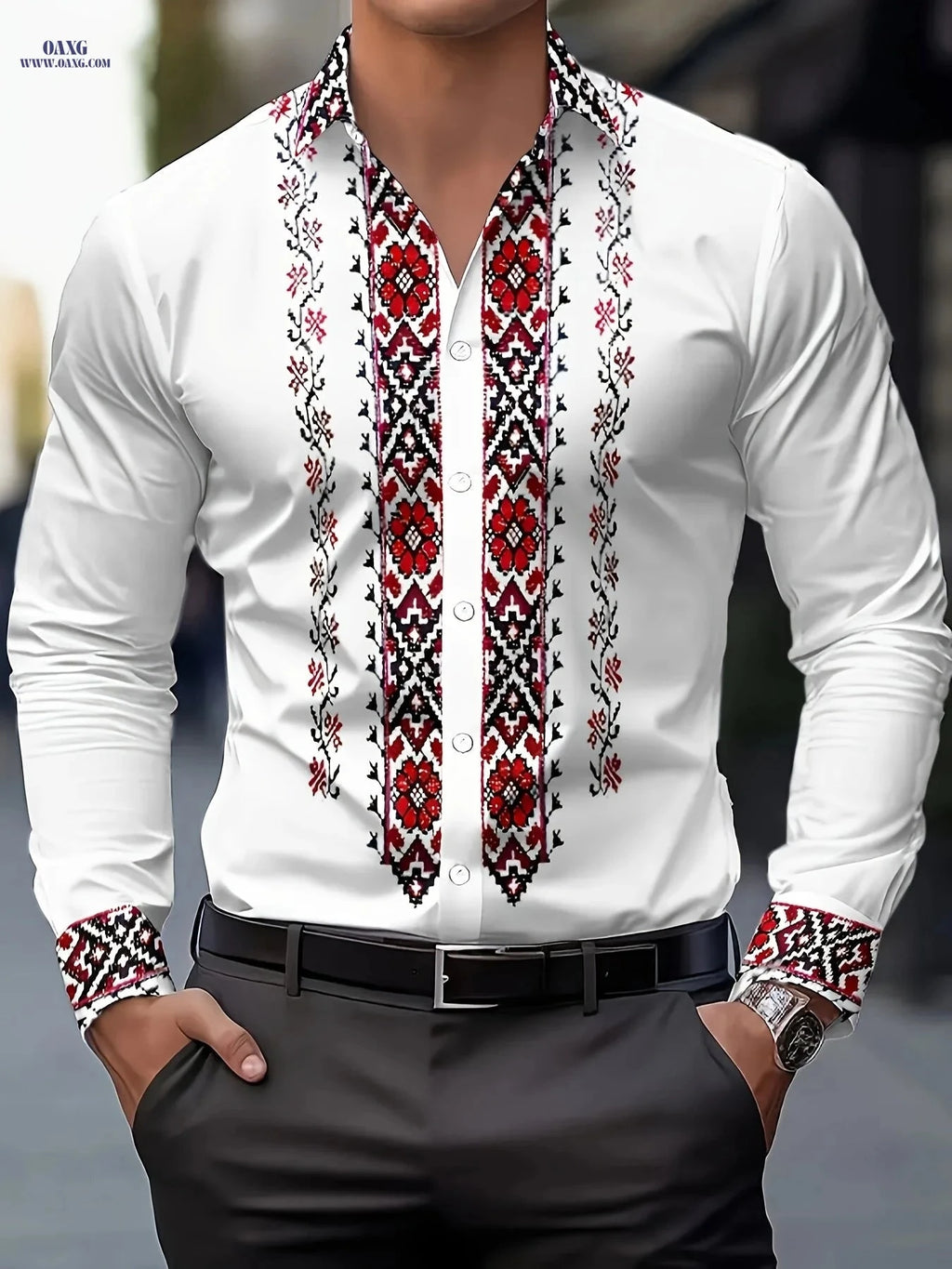 Men's Tribal Print Long Sleeve Dress Shirt - 100% Polyester & Casual Fit   OAXG 