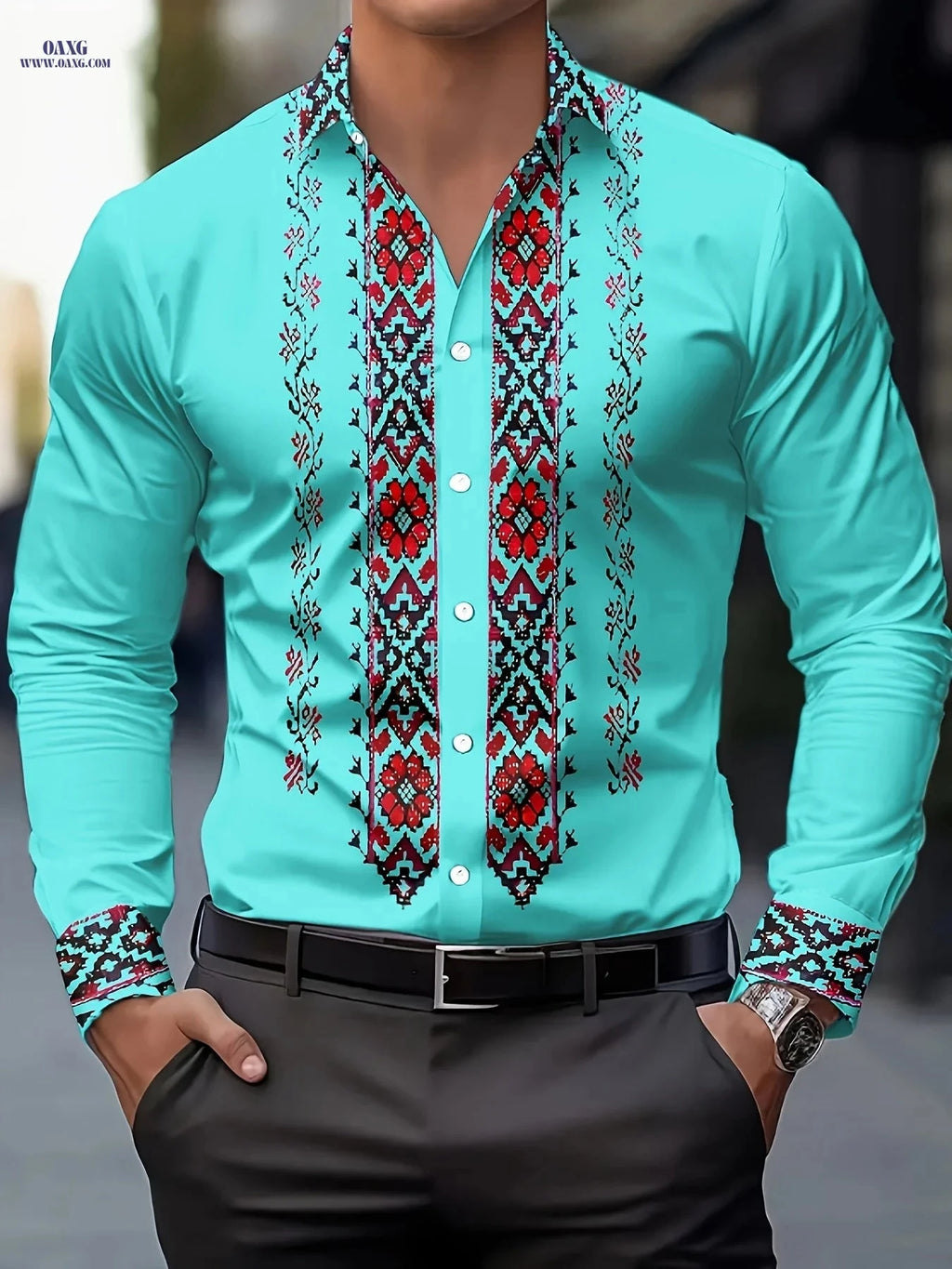 Men's Tribal Print Long Sleeve Dress Shirt - 100% Polyester & Casual Fit   OAXG 