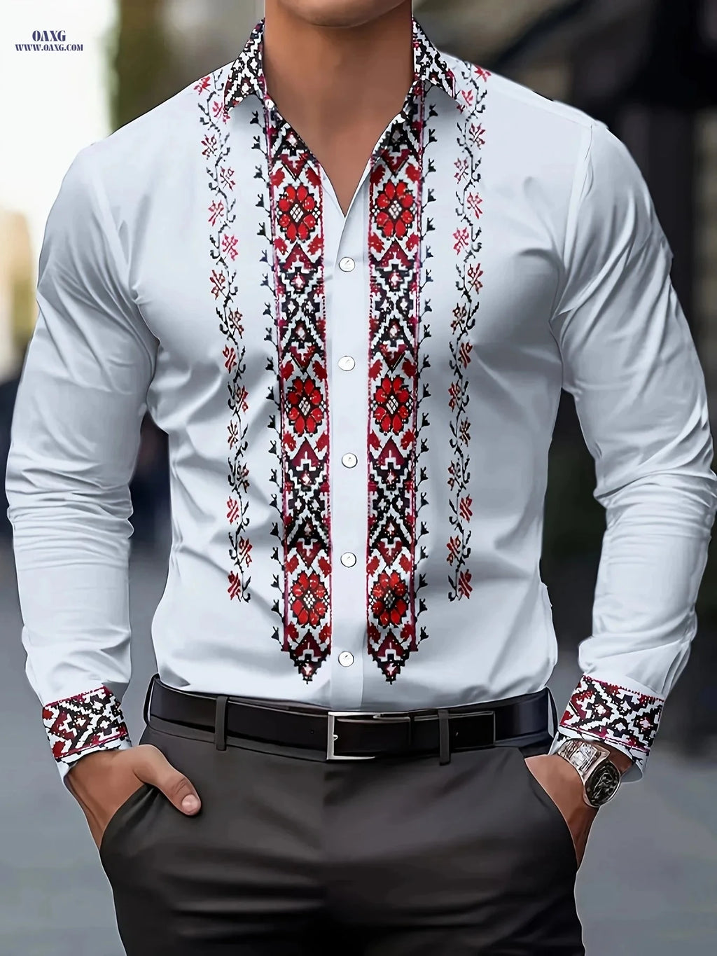 Men's Tribal Print Long Sleeve Dress Shirt - 100% Polyester & Casual Fit   OAXG Mixed colors / FR S