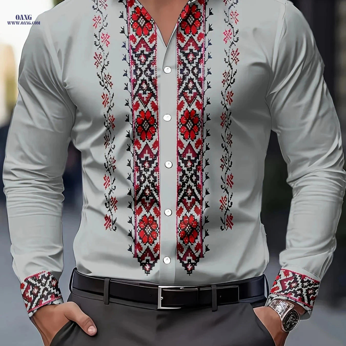 Men's Tribal Print Long Sleeve Dress Shirt - 100% Polyester & Casual Fit   OAXG Mixed colors / FR S