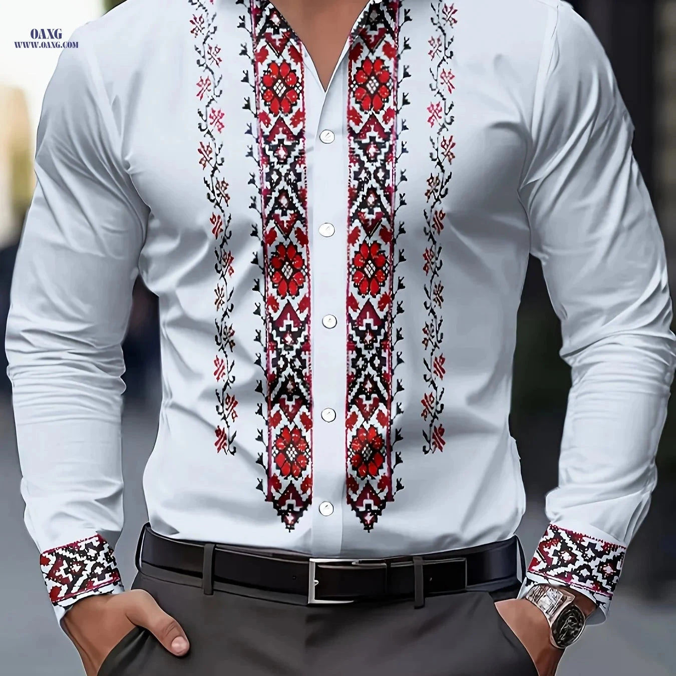 Men's Tribal Print Long Sleeve Dress Shirt - 100% Polyester & Casual Fit   OAXG 