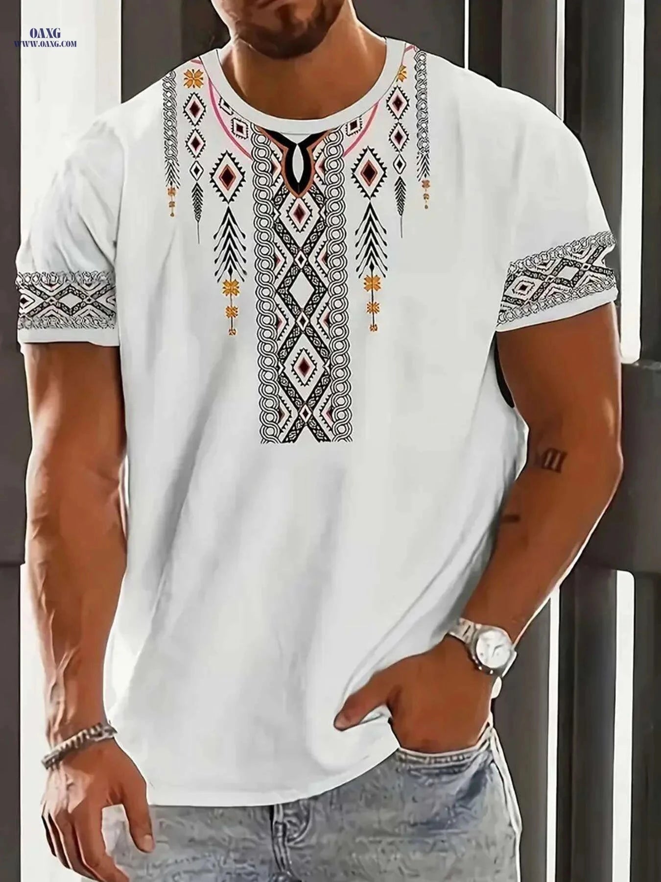 Men's Tribal Print Short-Sleeve T-Shirt - Stylish Casual Wear Top   OAXG 