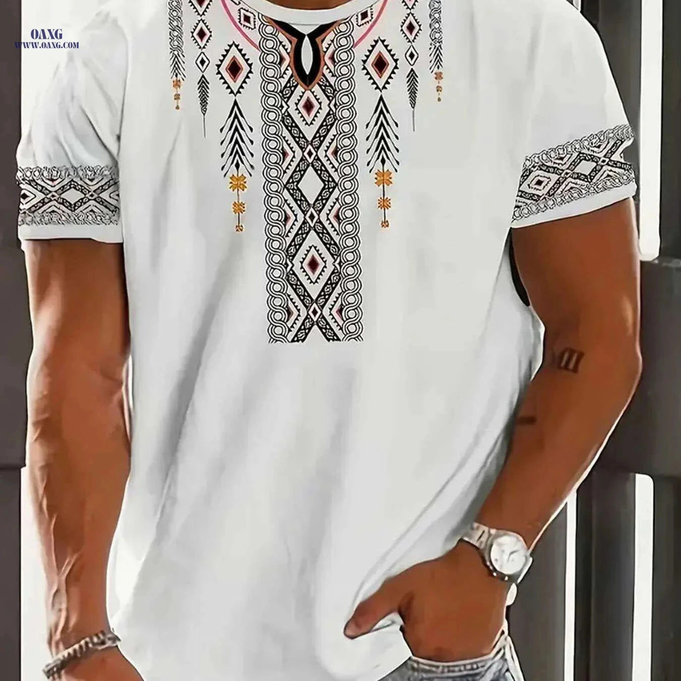 Men's Tribal Print Short-Sleeve T-Shirt - Stylish Casual Wear Top   OAXG Mixed Color / S