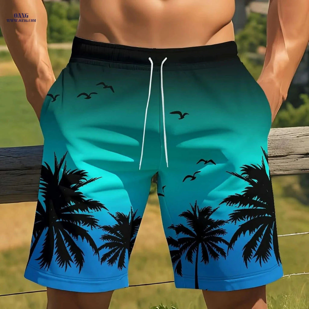 Men's Tropical Beach Shorts - Vibrant Palm Print, Lightweight Comfort   OAXG 