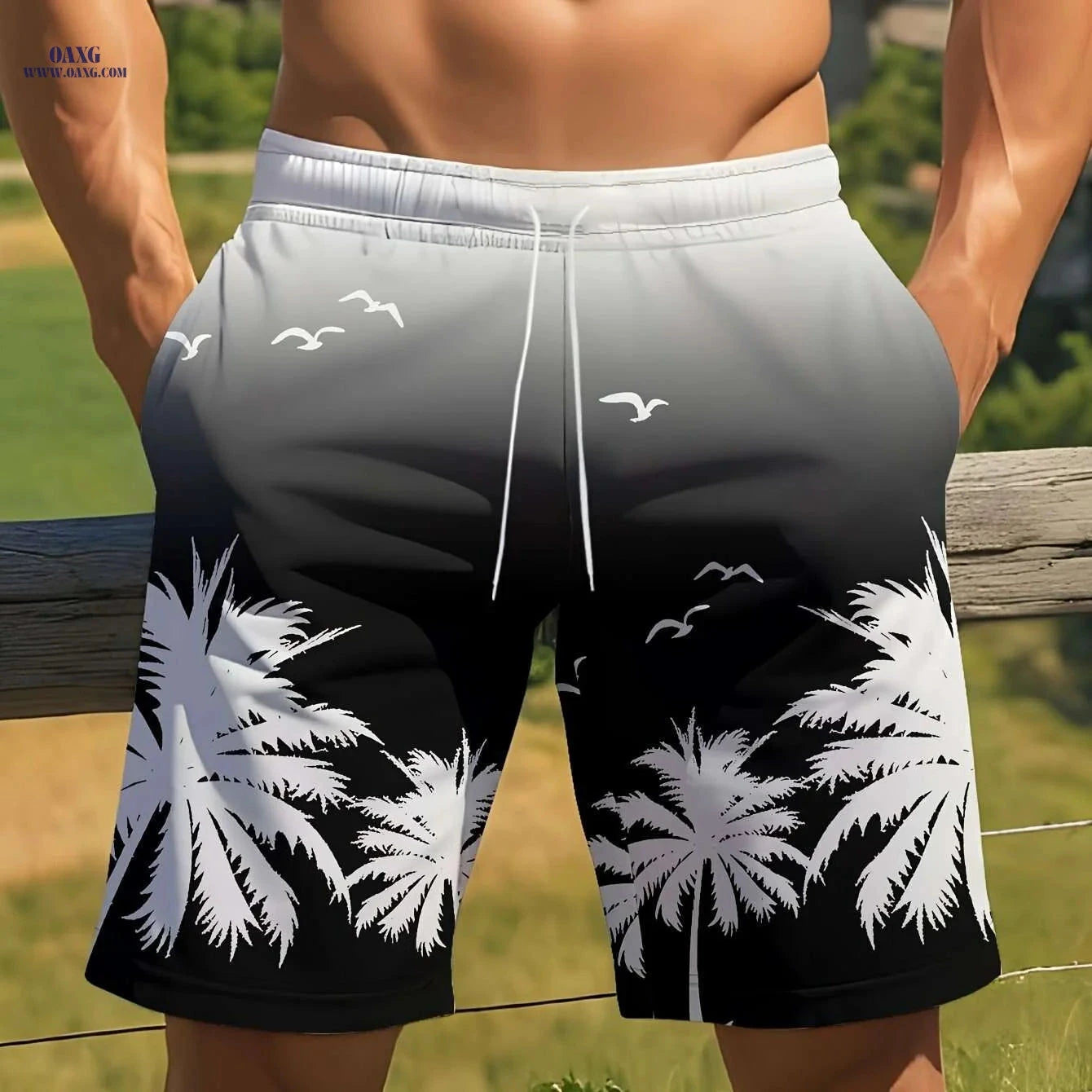 Men's Tropical Beach Shorts - Vibrant Palm Print, Lightweight Comfort   OAXG Mixed Color / M