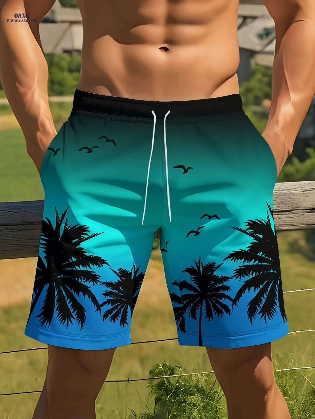 Men's Tropical Beach Shorts - Vibrant Palm Print, Lightweight Comfort   OAXG Mixed Color / M