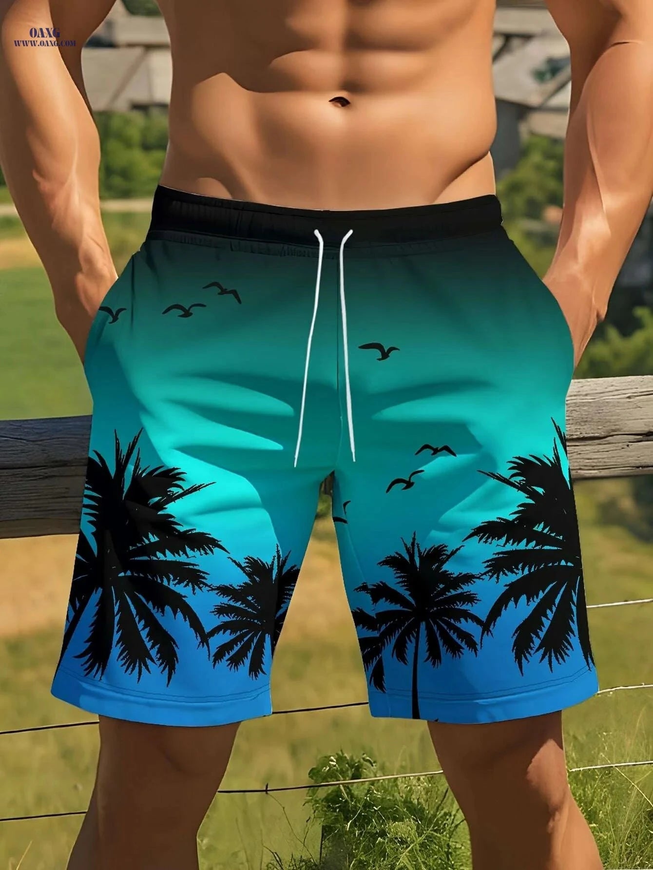 Men's Tropical Beach Shorts - Vibrant Palm Print, Lightweight Comfort   OAXG Mixed Color / M