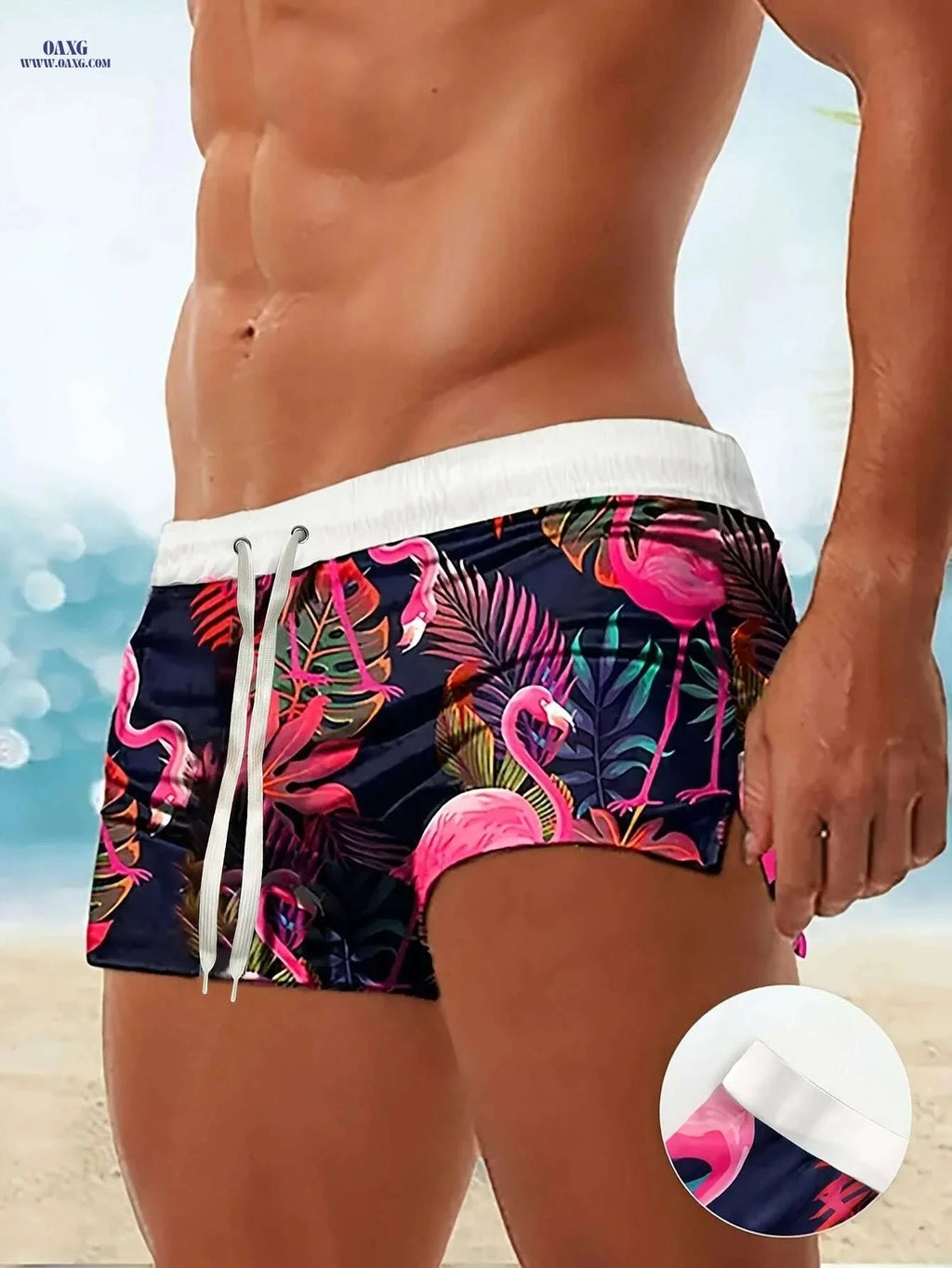 Men's Tropical Flamingo Swim Trunks - Lightweight, Pink & Blue Design   OAXG 