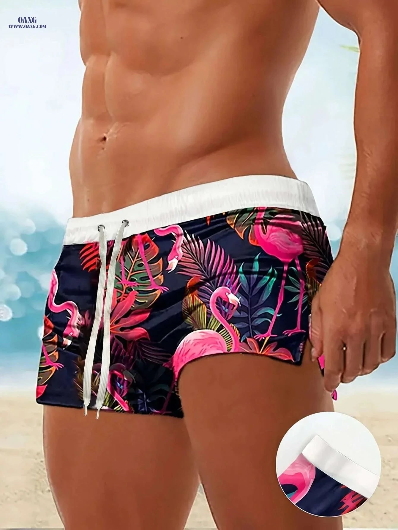 Men's Tropical Flamingo Swim Trunks - Lightweight, Pink & Blue Design   OAXG 