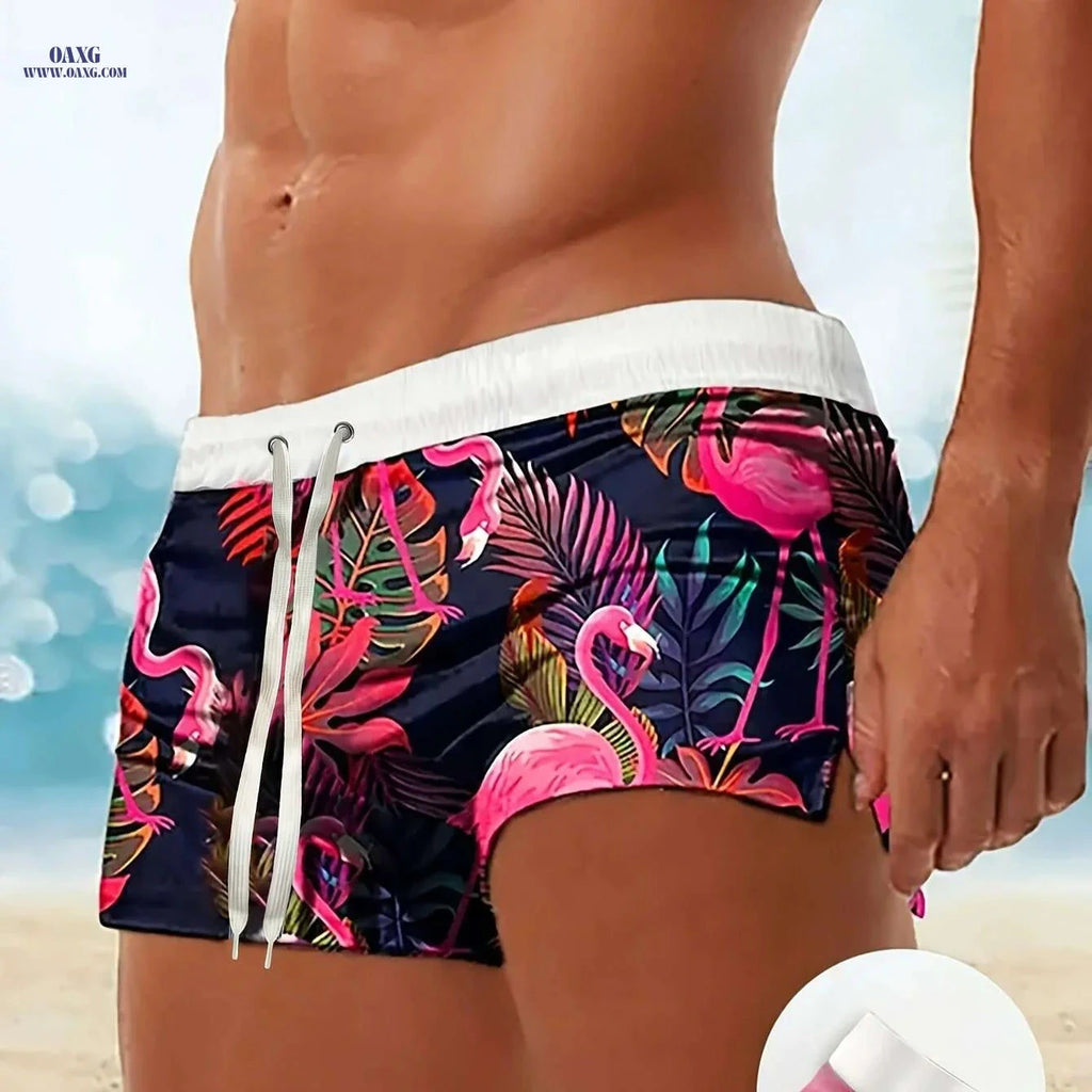 Men's Tropical Flamingo Swim Trunks - Lightweight, Pink & Blue Design   OAXG Mixed Color / S