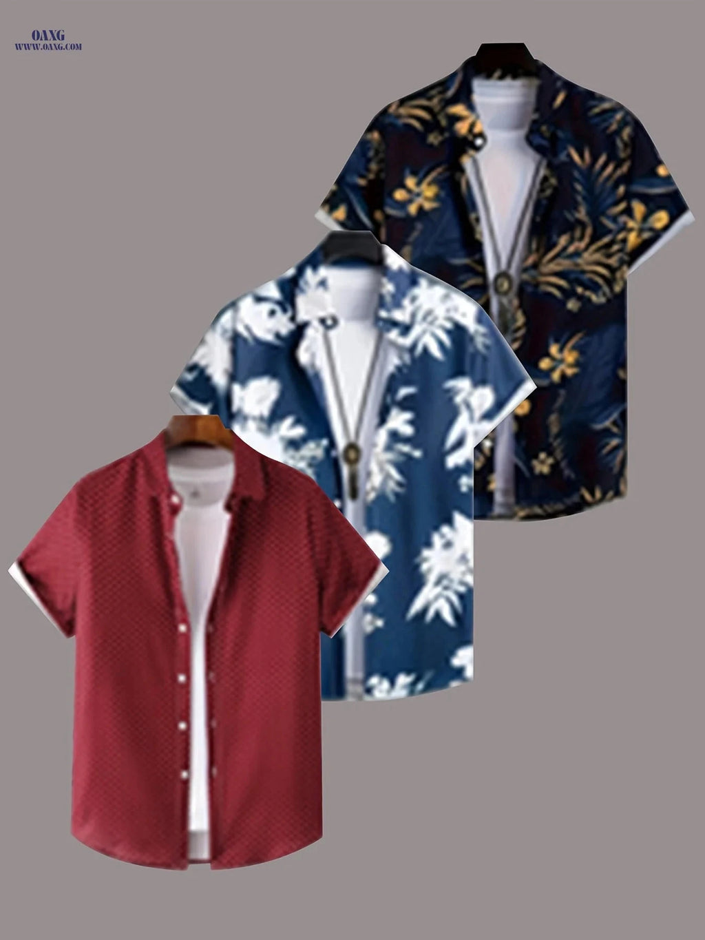 Men's Tropical Hibiscus Palm Leaf Print Summer Shirts - 3 Pack   OAXG 