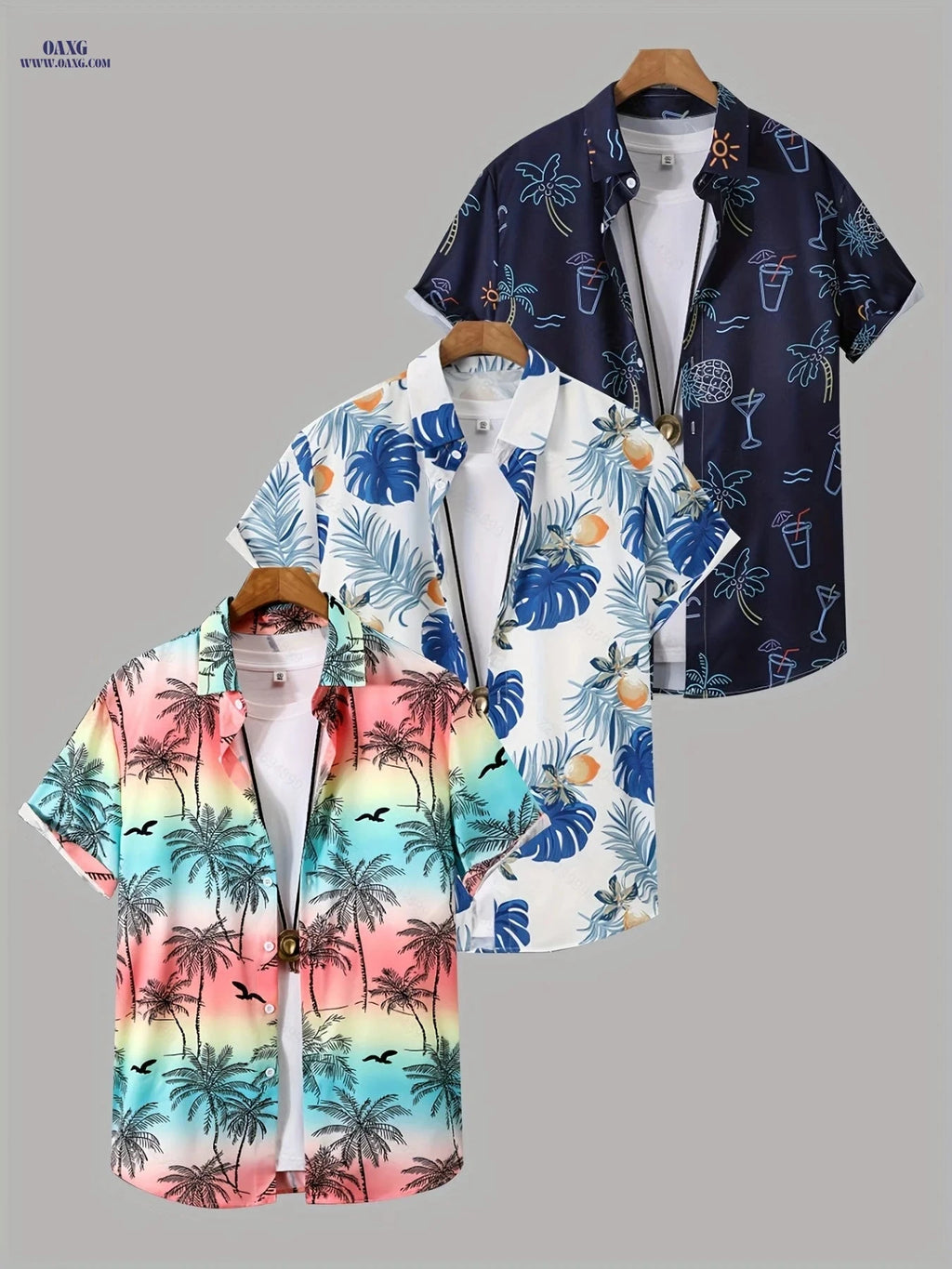 Men's Tropical Hibiscus Palm Leaf Print Summer Shirts - 3 Pack   OAXG Mixed colors / FR S