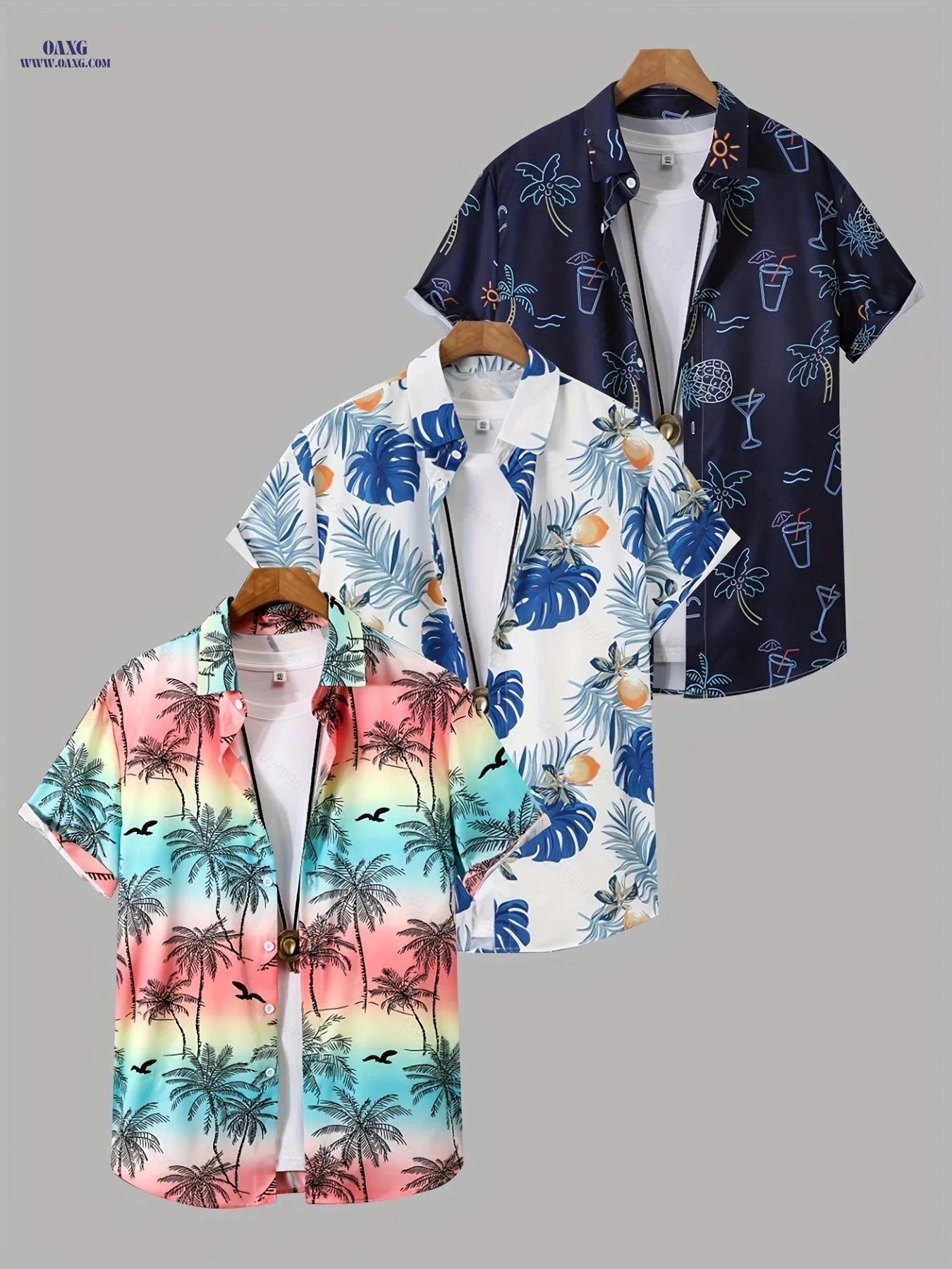 Men's Tropical Hibiscus Palm Leaf Print Summer Shirts - 3 Pack   OAXG Mixed colors / FR S