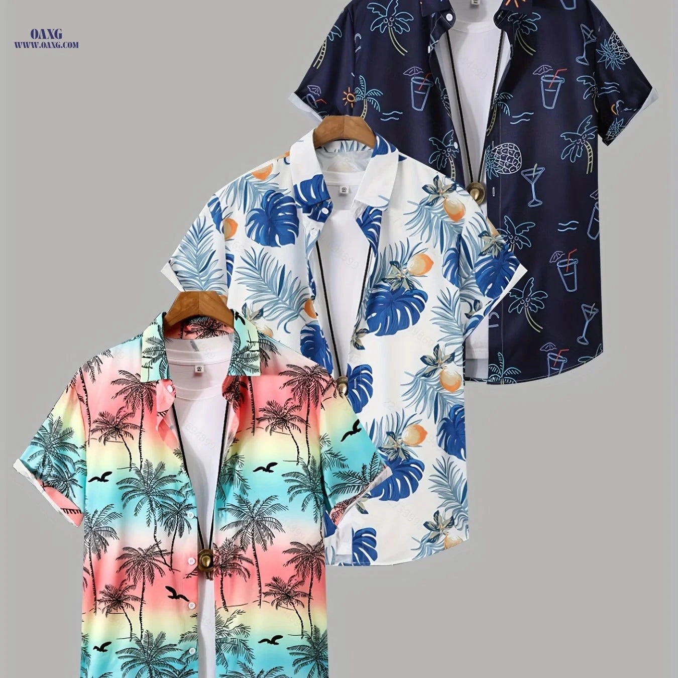 Men's Tropical Hibiscus Palm Leaf Print Summer Shirts - 3 Pack   OAXG Mixed colors / FR S