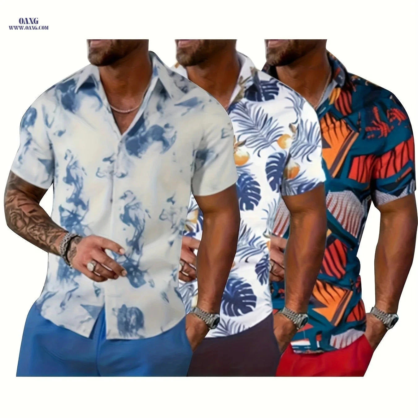 Men's Tropical Hibiscus Palm Leaf Print Summer Shirts - 3 Pack   OAXG Mixed colors / FR S