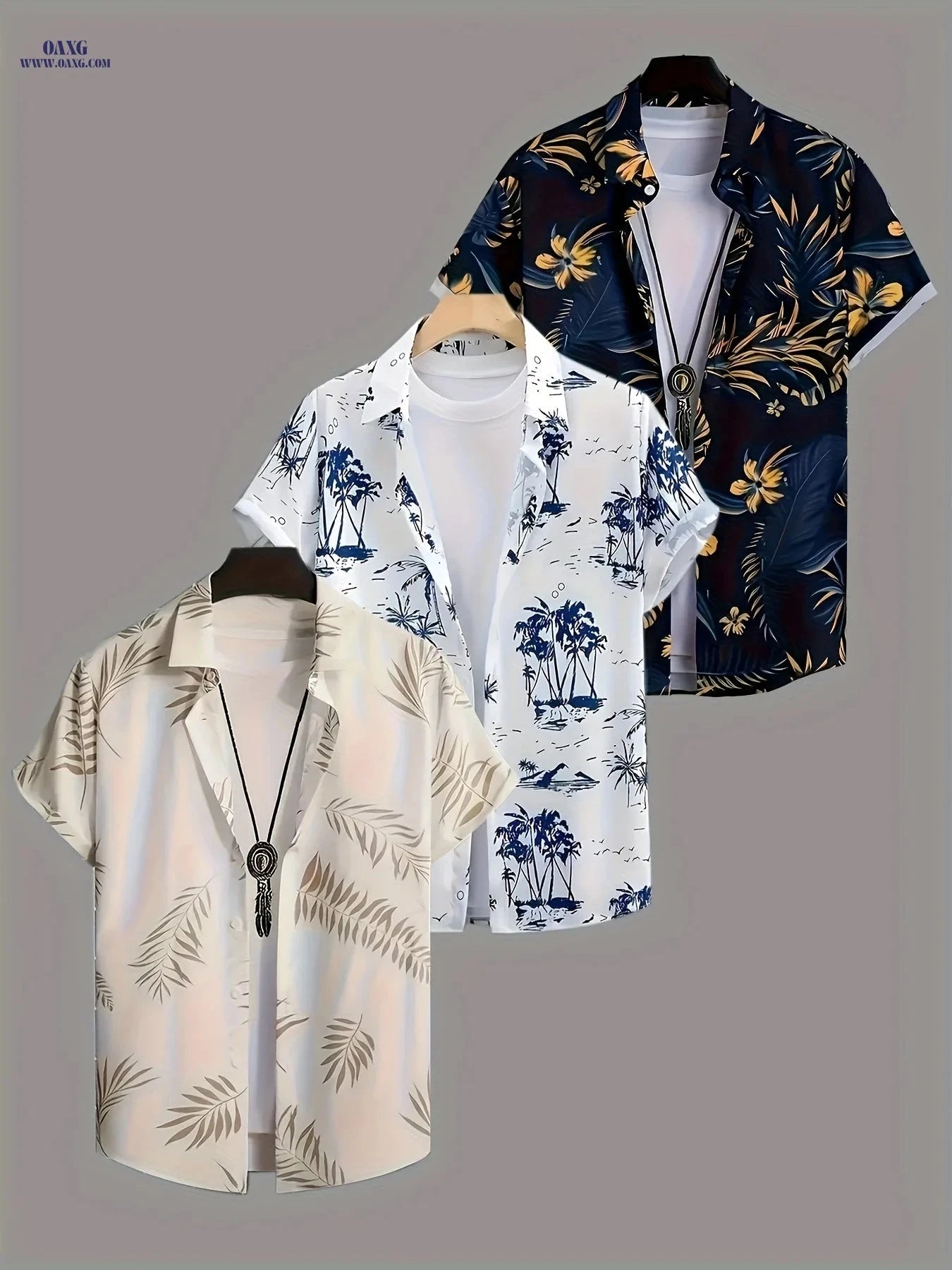 Men's Tropical Hibiscus Palm Leaf Print Summer Shirts - 3 Pack   OAXG Mixed colors / FR S