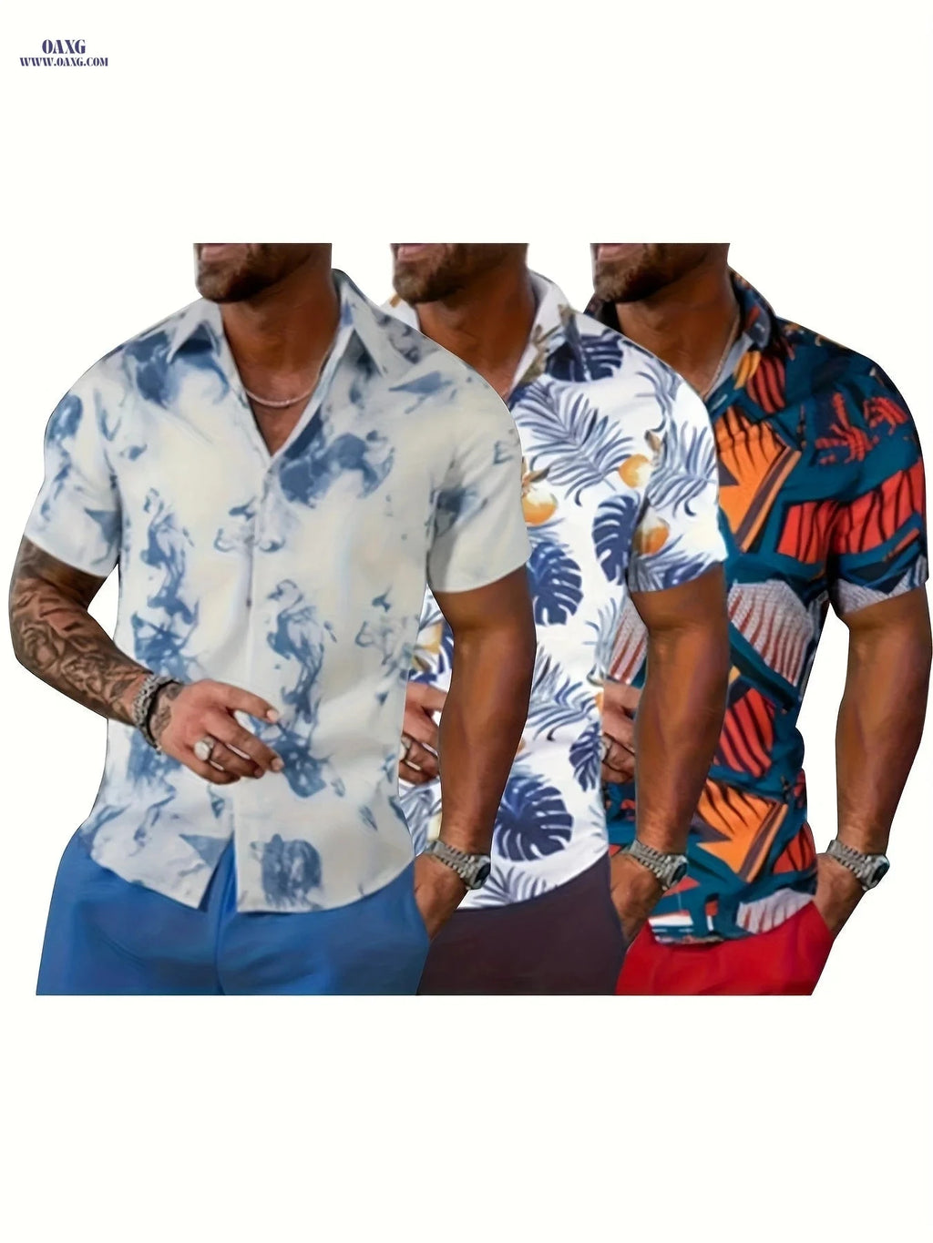 Men's Tropical Hibiscus Palm Leaf Print Summer Shirts - 3 Pack   OAXG Mixed colors / FR S