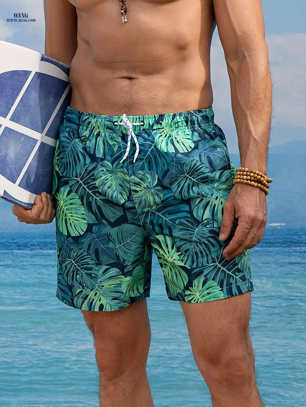 Men's Tropical Leaf Print Beach Shorts - Casual Vacation Style, Non-Stretch   OAXG Malachite Green / S