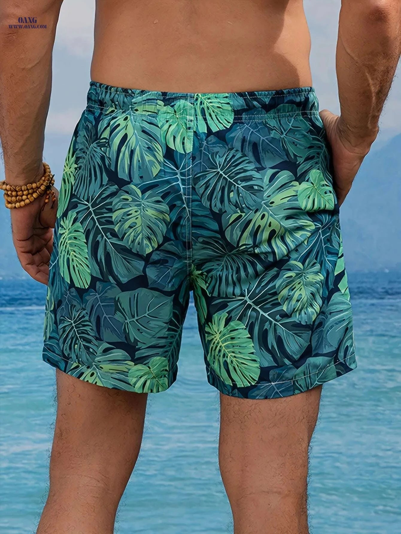 Men's Tropical Leaf Print Beach Shorts - Casual Vacation Style, Non-Stretch   OAXG Malachite Green / S