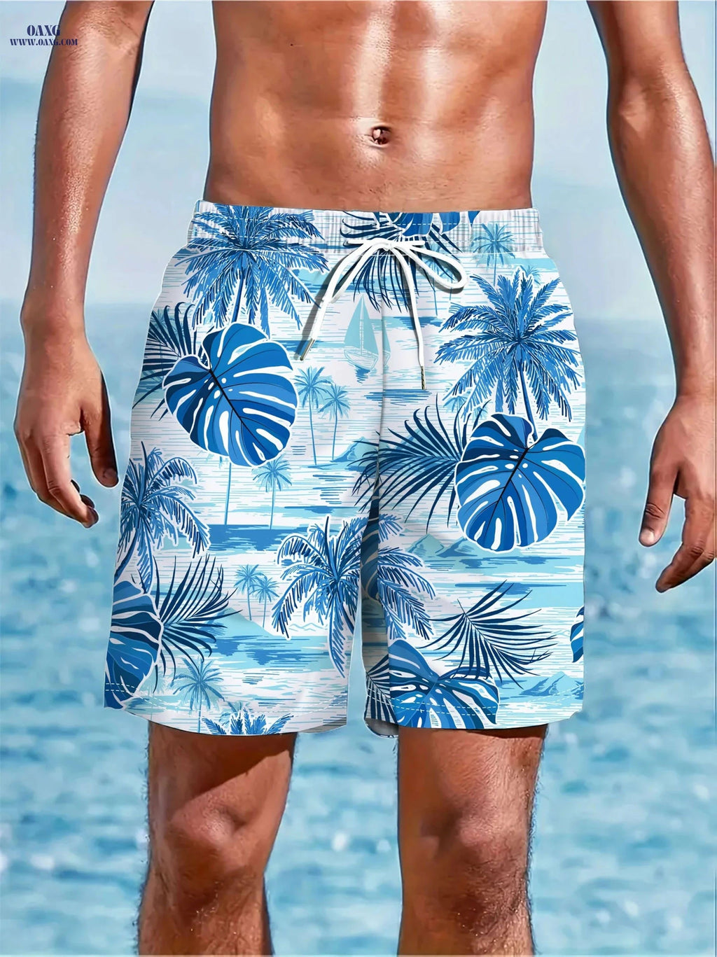 Men's Tropical Leaf Swim Shorts - Loose Fit, 2 Pockets, Vacation Style   OAXG 