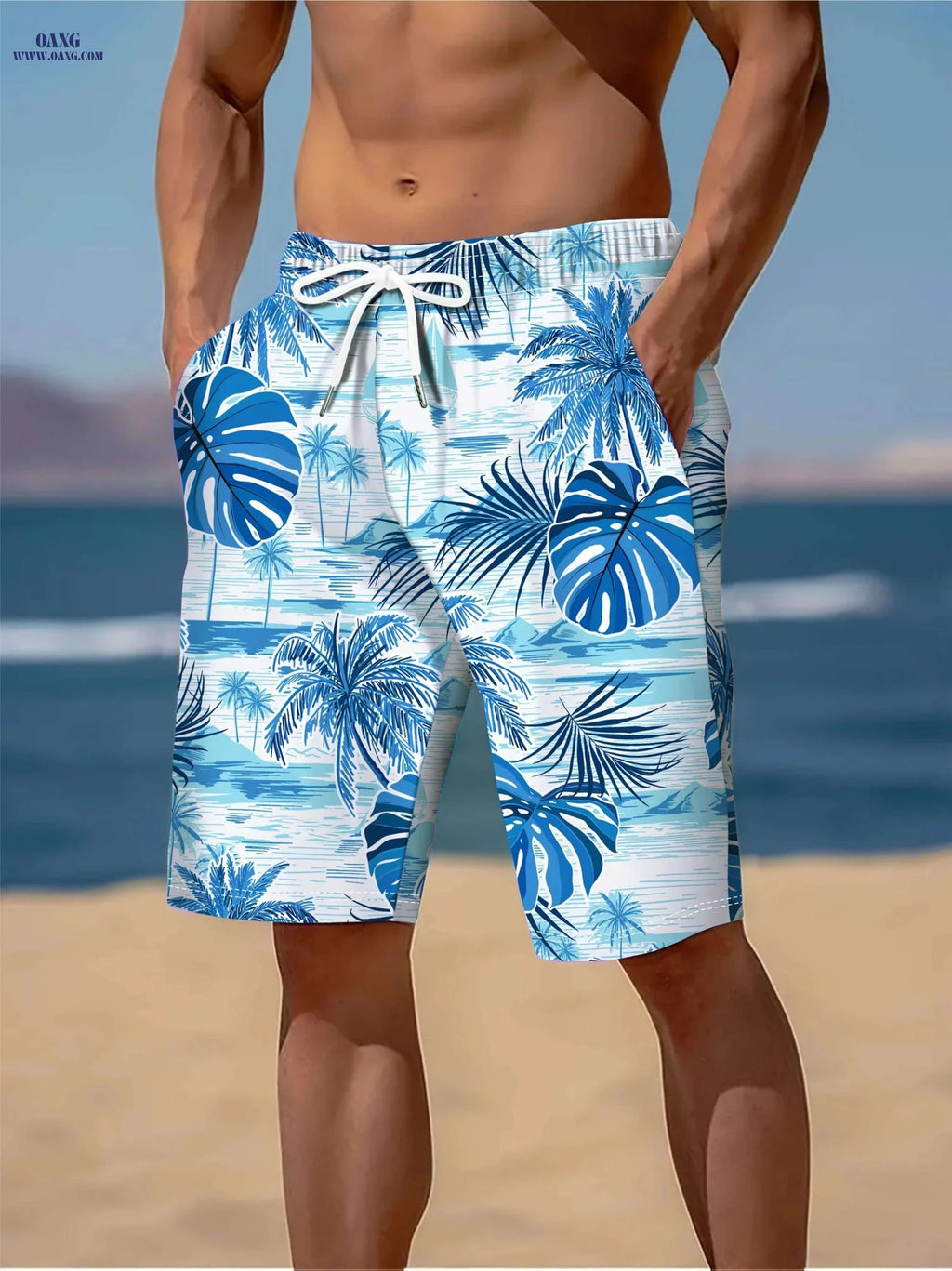Men's Tropical Leaf Swim Shorts - Loose Fit, 2 Pockets, Vacation Style   OAXG 