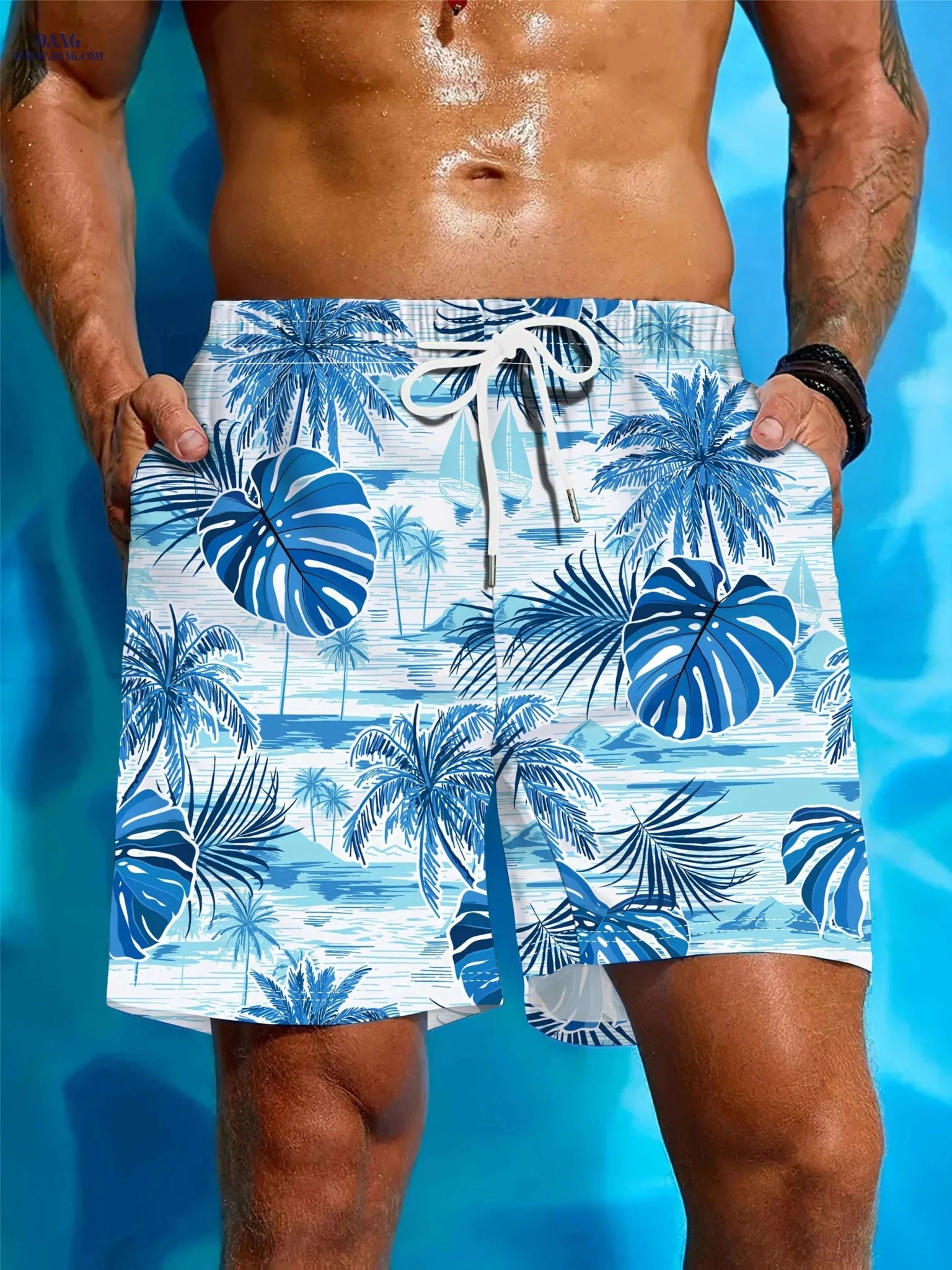 Men's Tropical Leaf Swim Shorts - Loose Fit, 2 Pockets, Vacation Style   OAXG Vibrant Blue / M