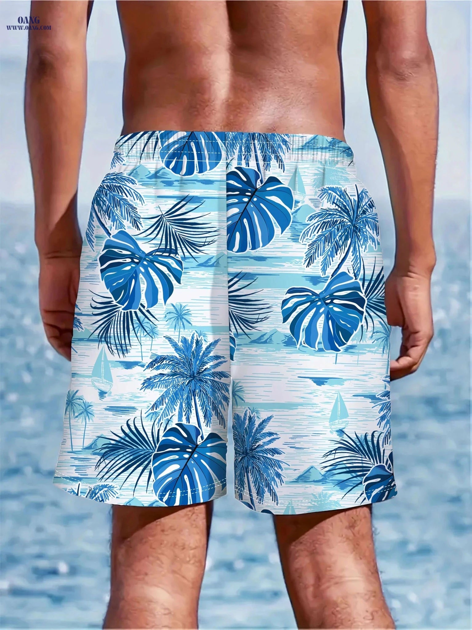 Men's Tropical Leaf Swim Shorts - Loose Fit, 2 Pockets, Vacation Style   OAXG Vibrant Blue / M