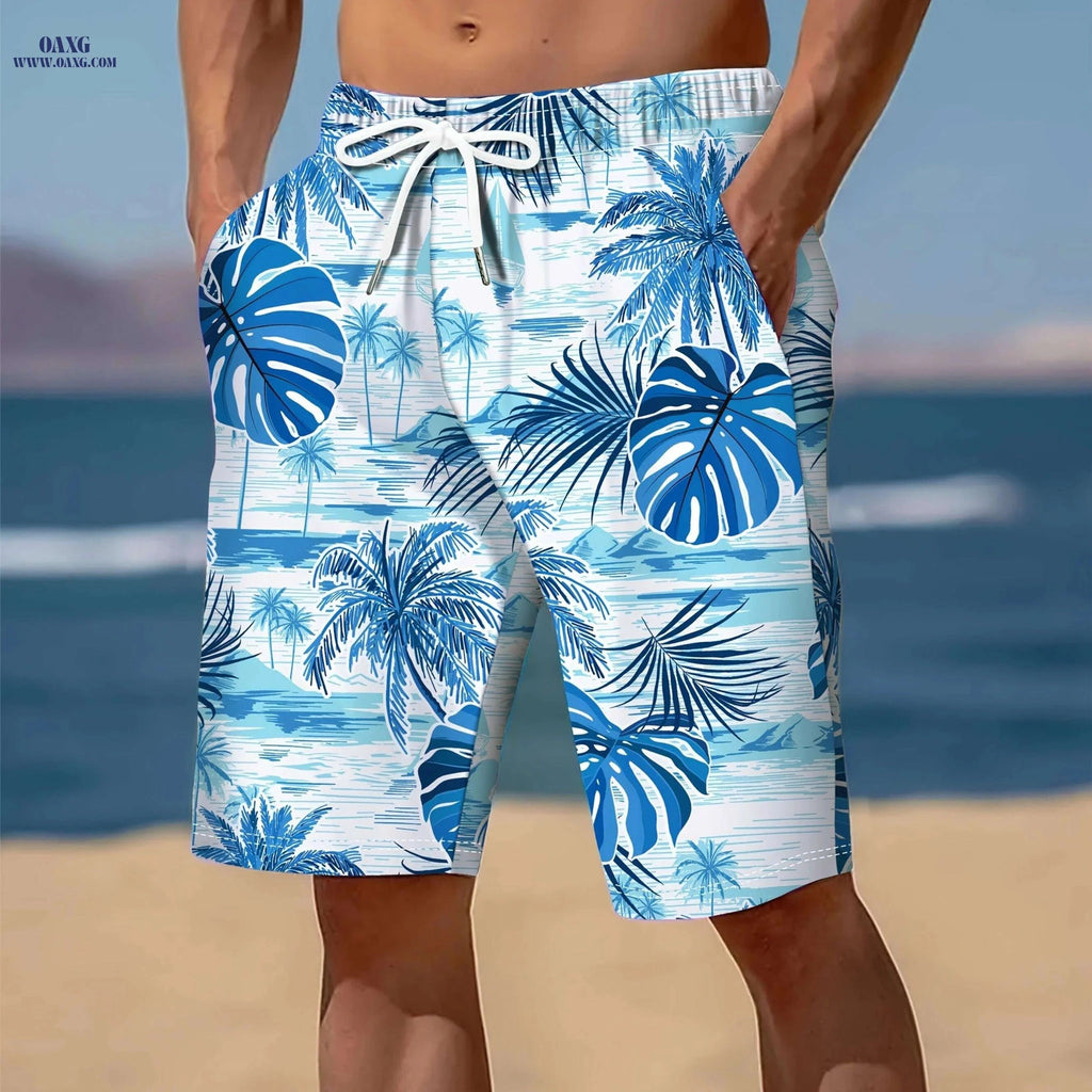 Men's Tropical Leaf Swim Shorts - Loose Fit, 2 Pockets, Vacation Style   OAXG Vibrant Blue / M