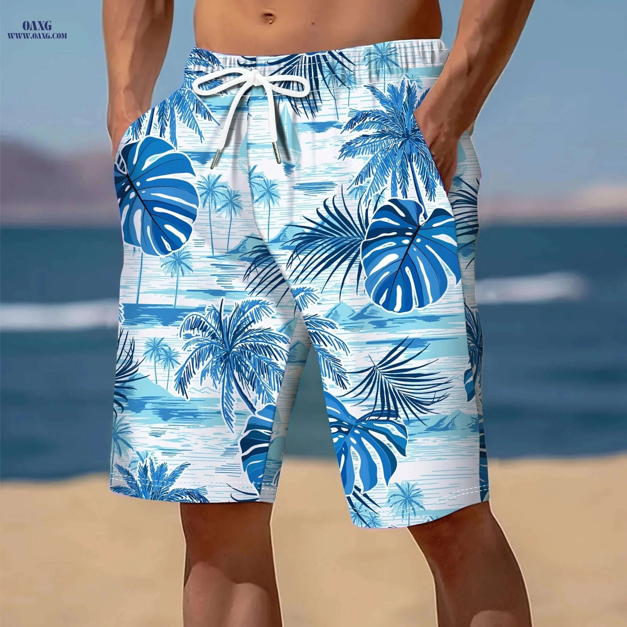 Men's Tropical Leaf Swim Shorts - Loose Fit, 2 Pockets, Vacation Style   OAXG Vibrant Blue / M