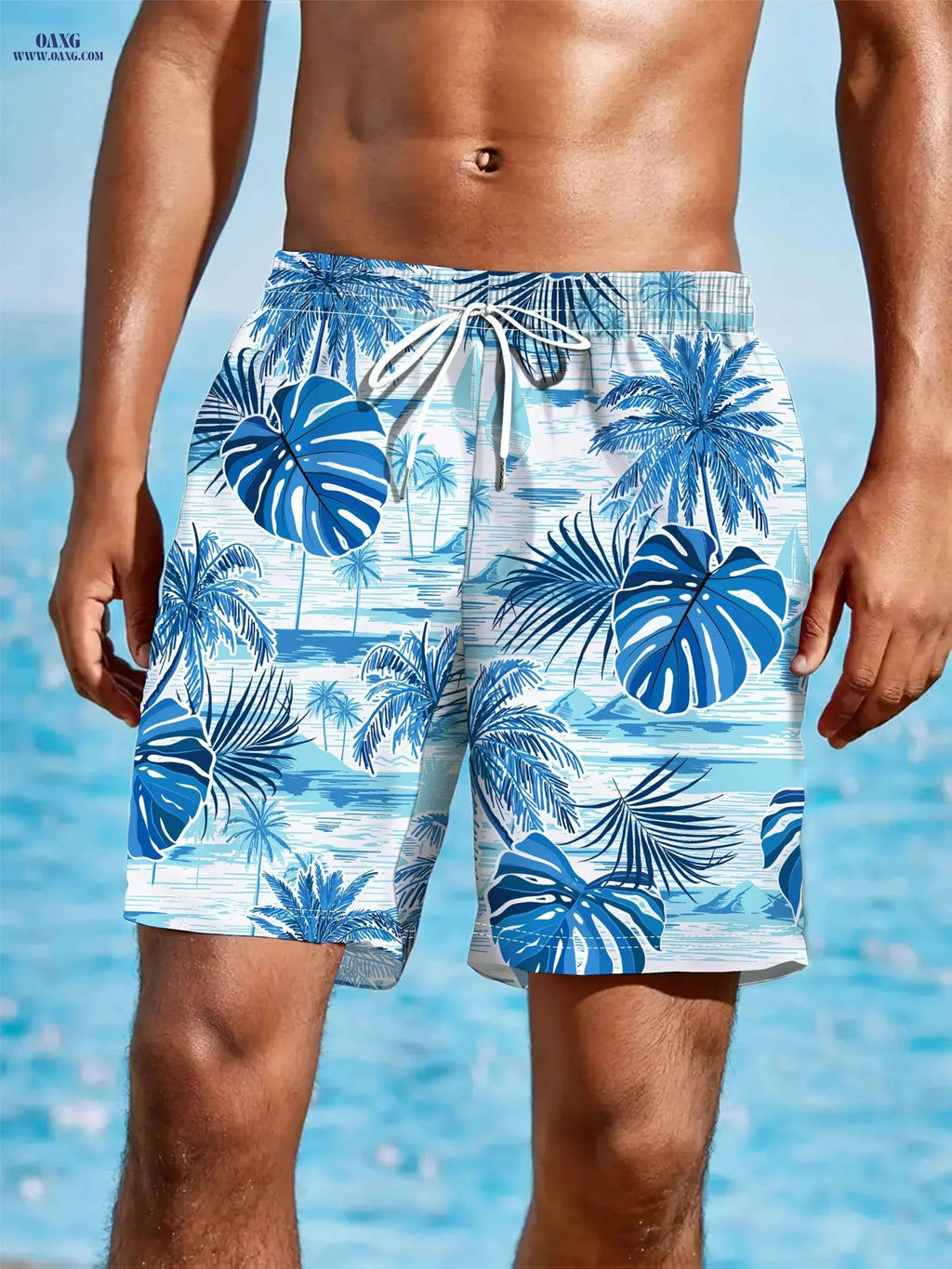 Men's Tropical Leaf Swim Shorts - Loose Fit, 2 Pockets, Vacation Style   OAXG Vibrant Blue / M