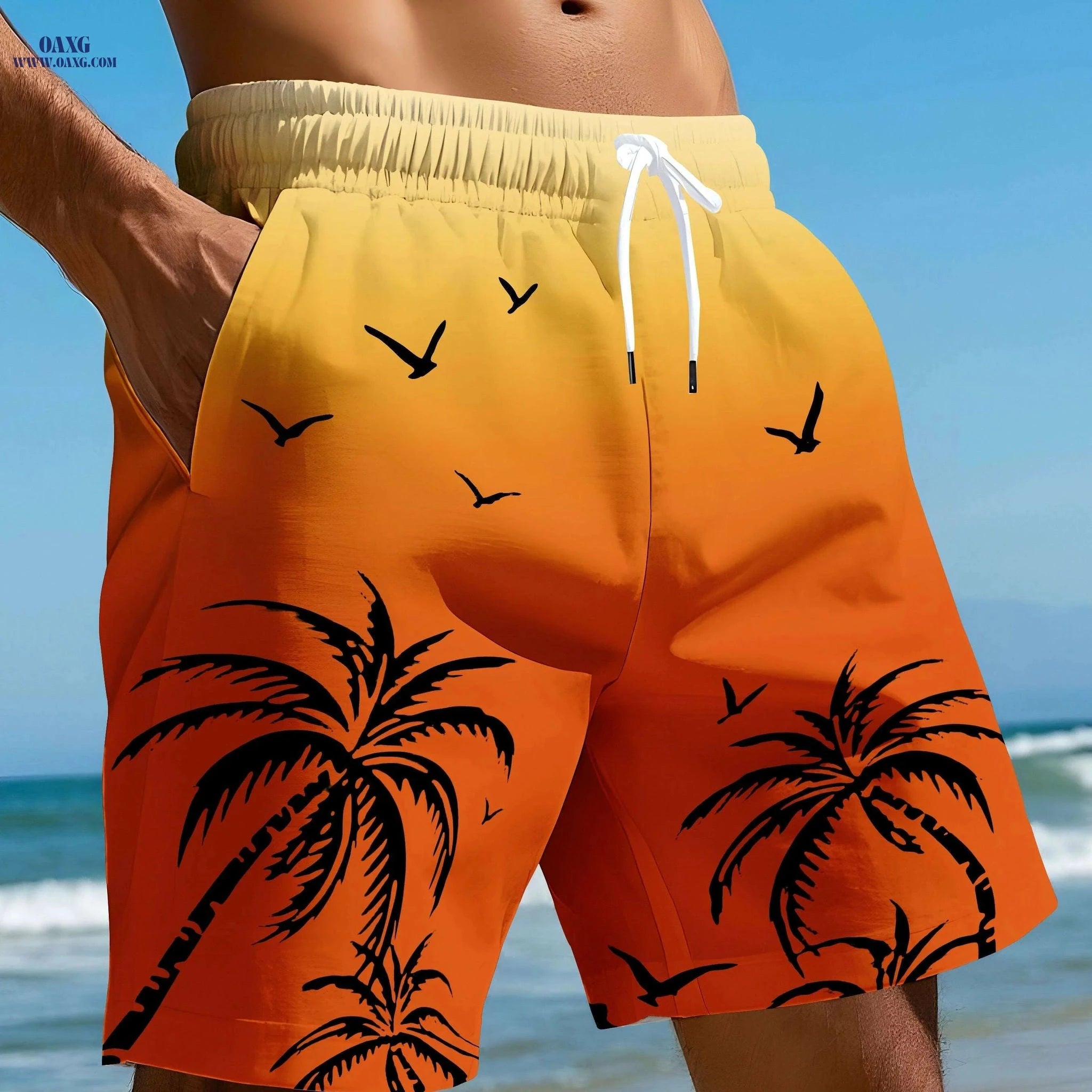 Men's Tropical Palm Surf Print Swim Shorts - Quick-Dry Casual Swimwear   OAXG 