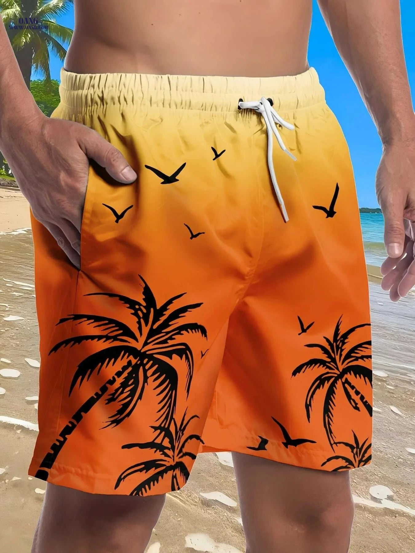 Men's Tropical Palm Surf Print Swim Shorts - Quick-Dry Casual Swimwear   OAXG 