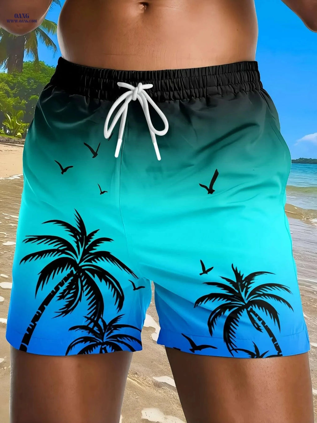 Men's Tropical Palm Surf Print Swim Shorts - Quick-Dry Casual Swimwear   OAXG YJDKZW004-1 / S