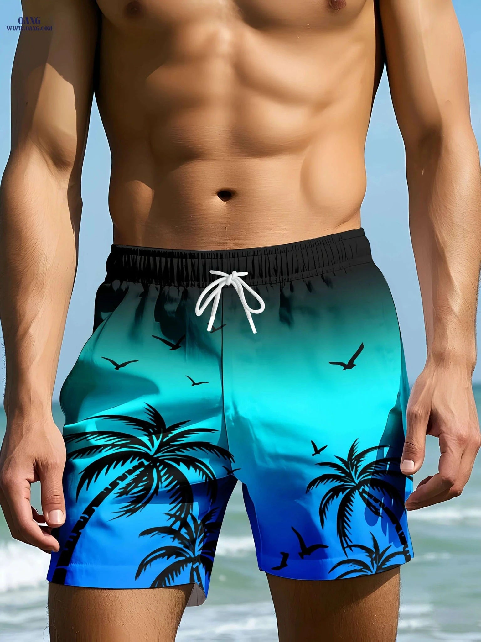 Men's Tropical Palm Surf Print Swim Shorts - Quick-Dry Casual Swimwear   OAXG YJDKZW004-1 / S