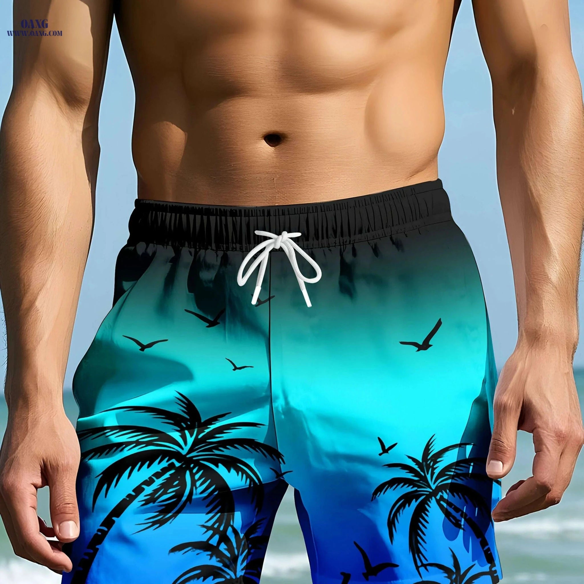 Men's Tropical Palm Surf Print Swim Shorts - Quick-Dry Casual Swimwear   OAXG 