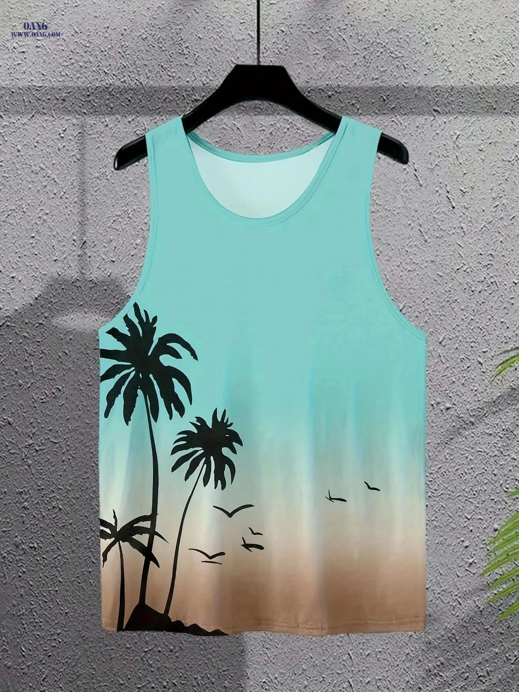 Men's Tropical Palm Tree Tank Top - Casual Beachwear, Light Blue   OAXG 
