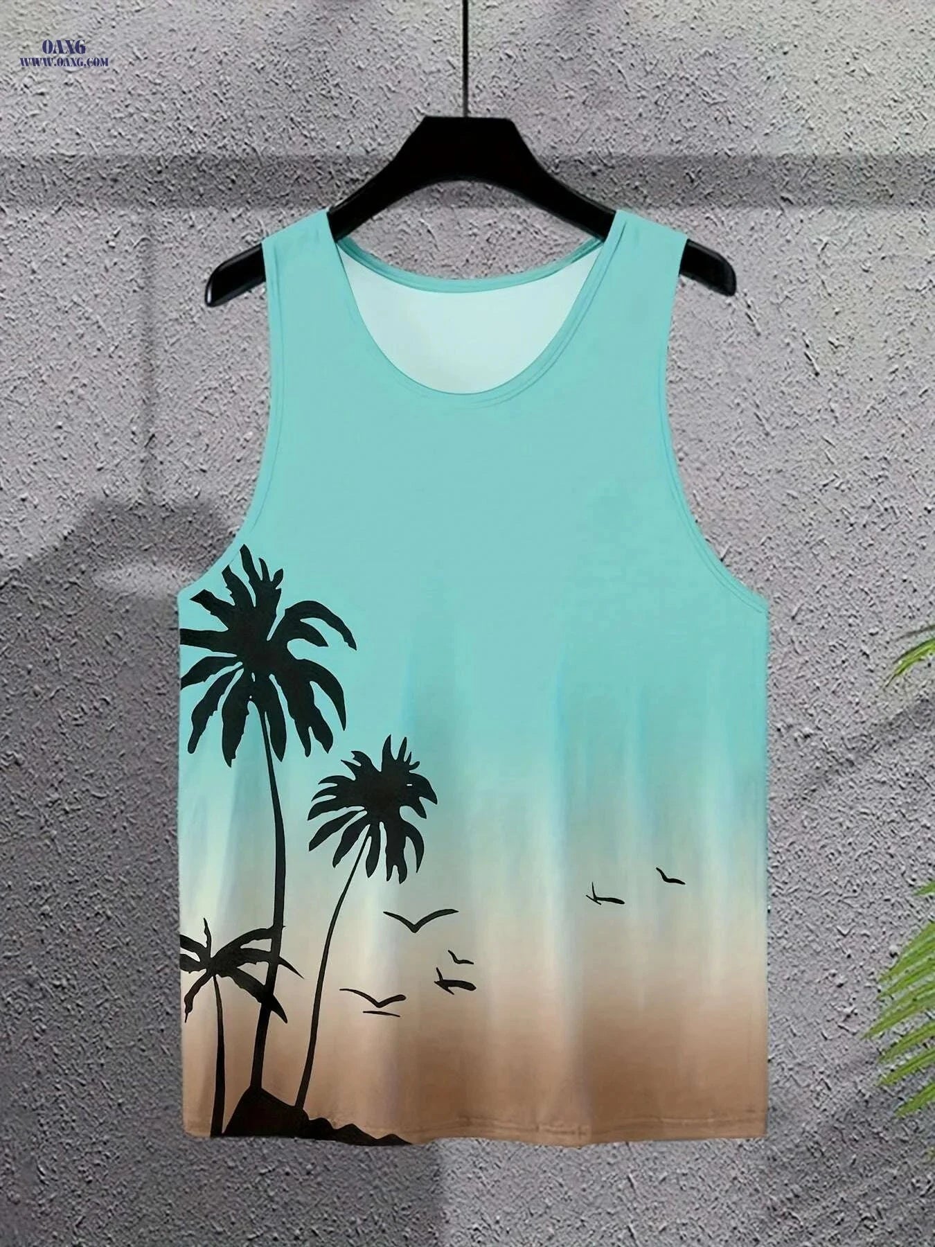 Men's Tropical Palm Tree Tank Top - Casual Beachwear, Light Blue   OAXG 