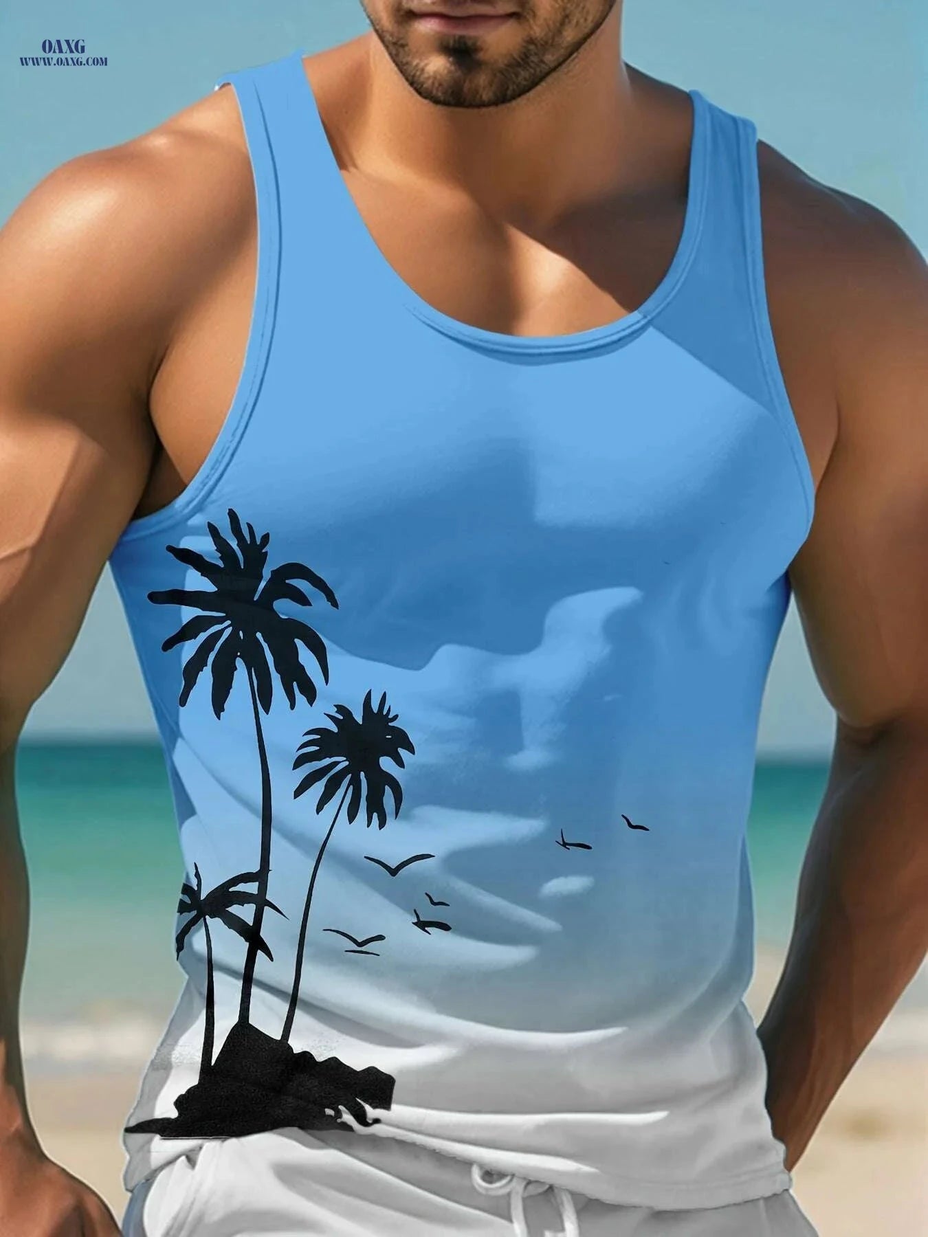 Men's Tropical Palm Tree Tank Top - Casual Beachwear, Light Blue   OAXG 